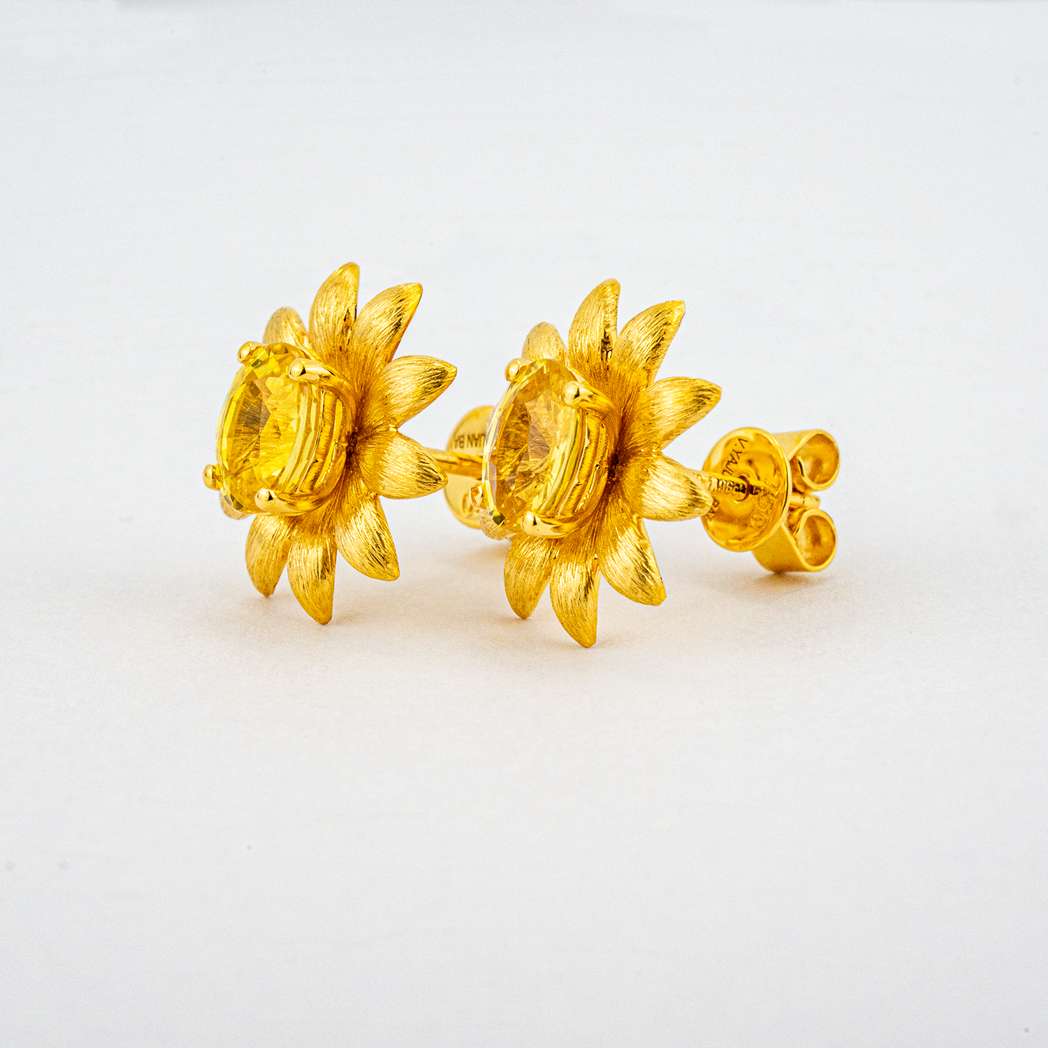 Unique Sunflower Texture Stud Earrings Oval Yellow Sapphire with Unique Texture