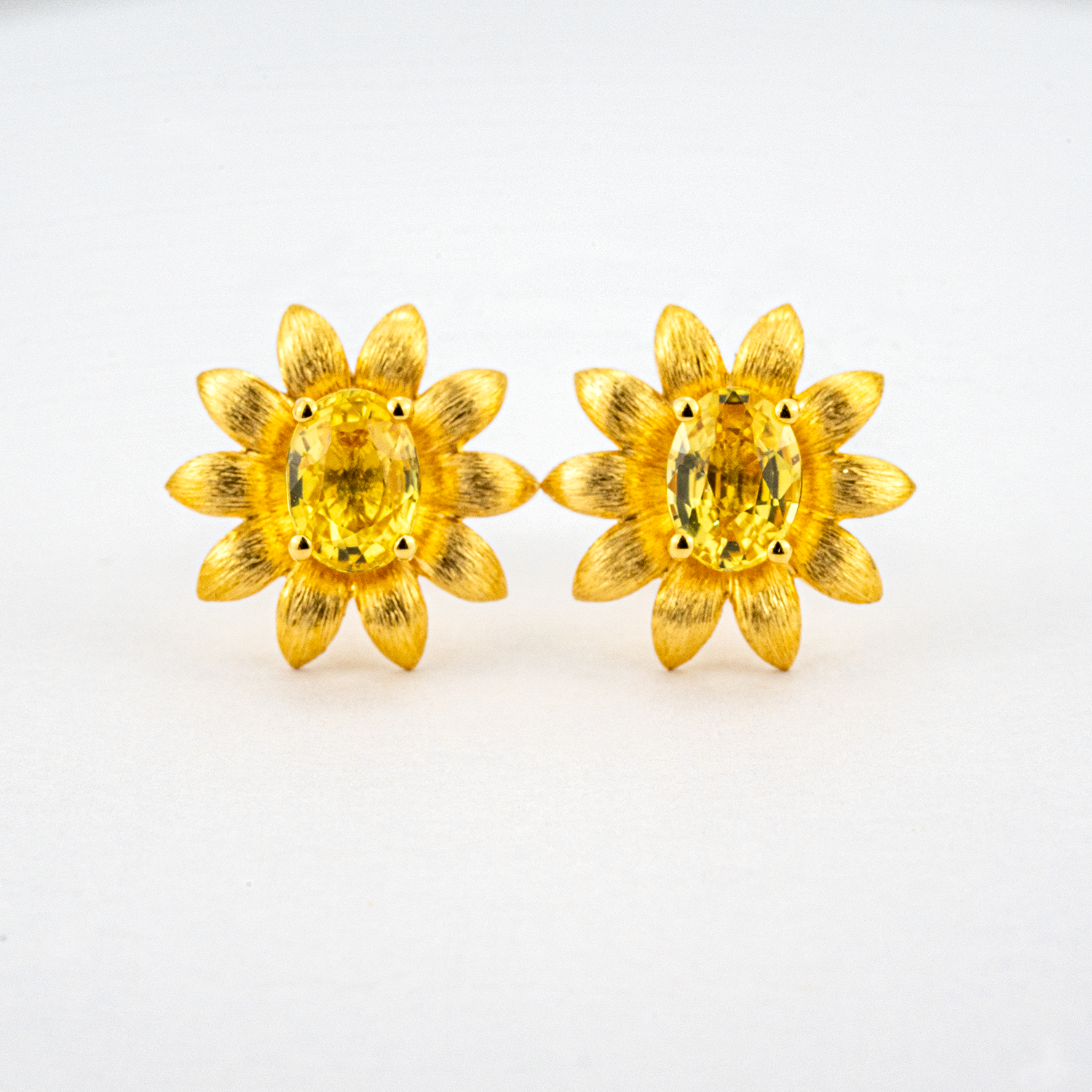 Unique Sunflower Texture Stud Earrings Oval Yellow Sapphire with Unique Texture