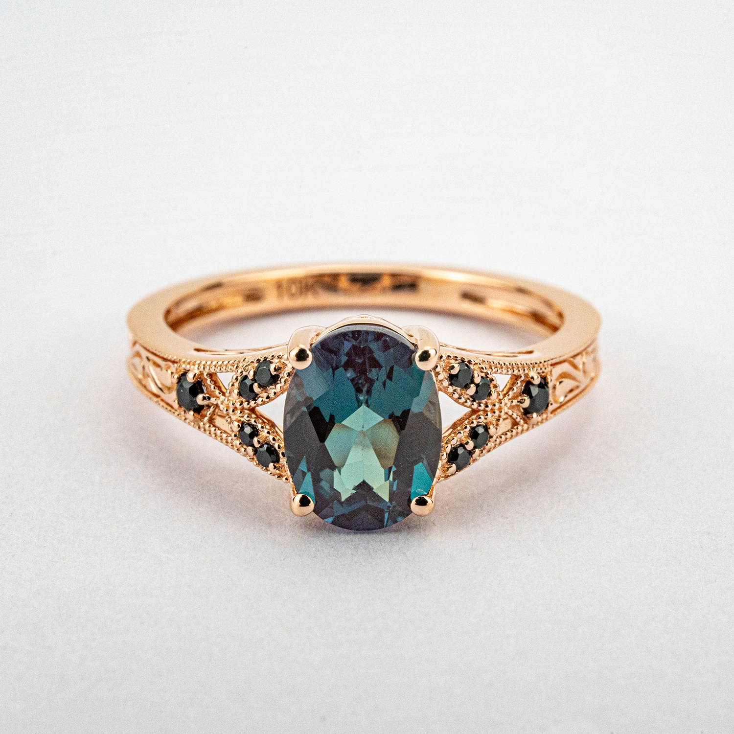 Vintage Oval Alexandrite and Black Onyx Rose Gold Pattern Ring Alexandrite Engagement Ring