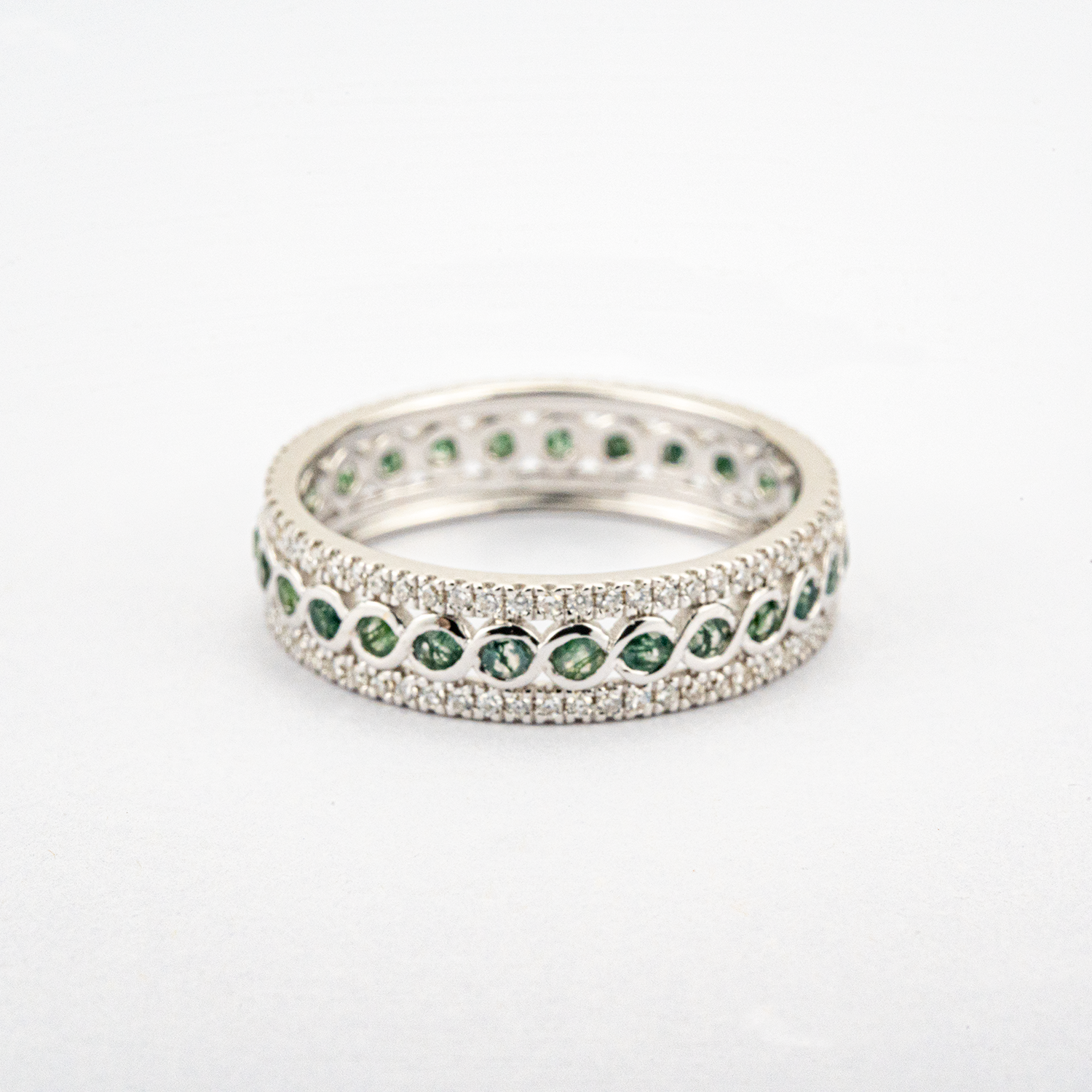 Vintage Unique Moss Agate White Gold Ring with Moissanite Moss Agate Wedding Band