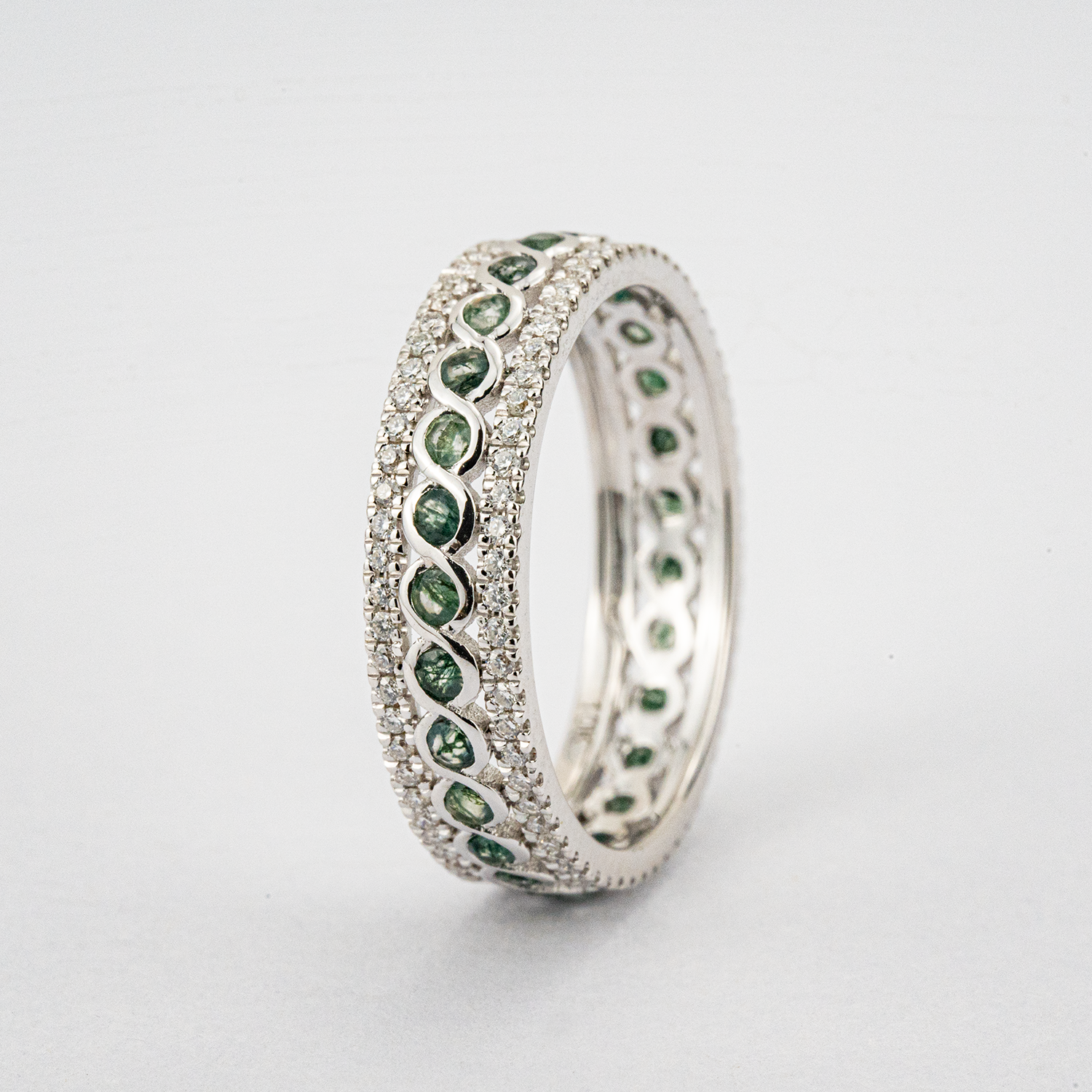 Vintage Unique Moss Agate White Gold Ring with Moissanite Moss Agate Wedding Band
