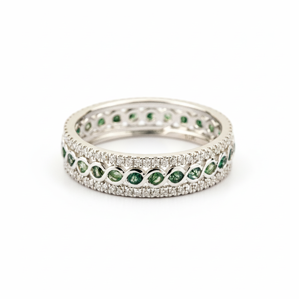 Vintage Unique Moss Agate White Gold Ring with Moissanite Moss Agate Wedding Band