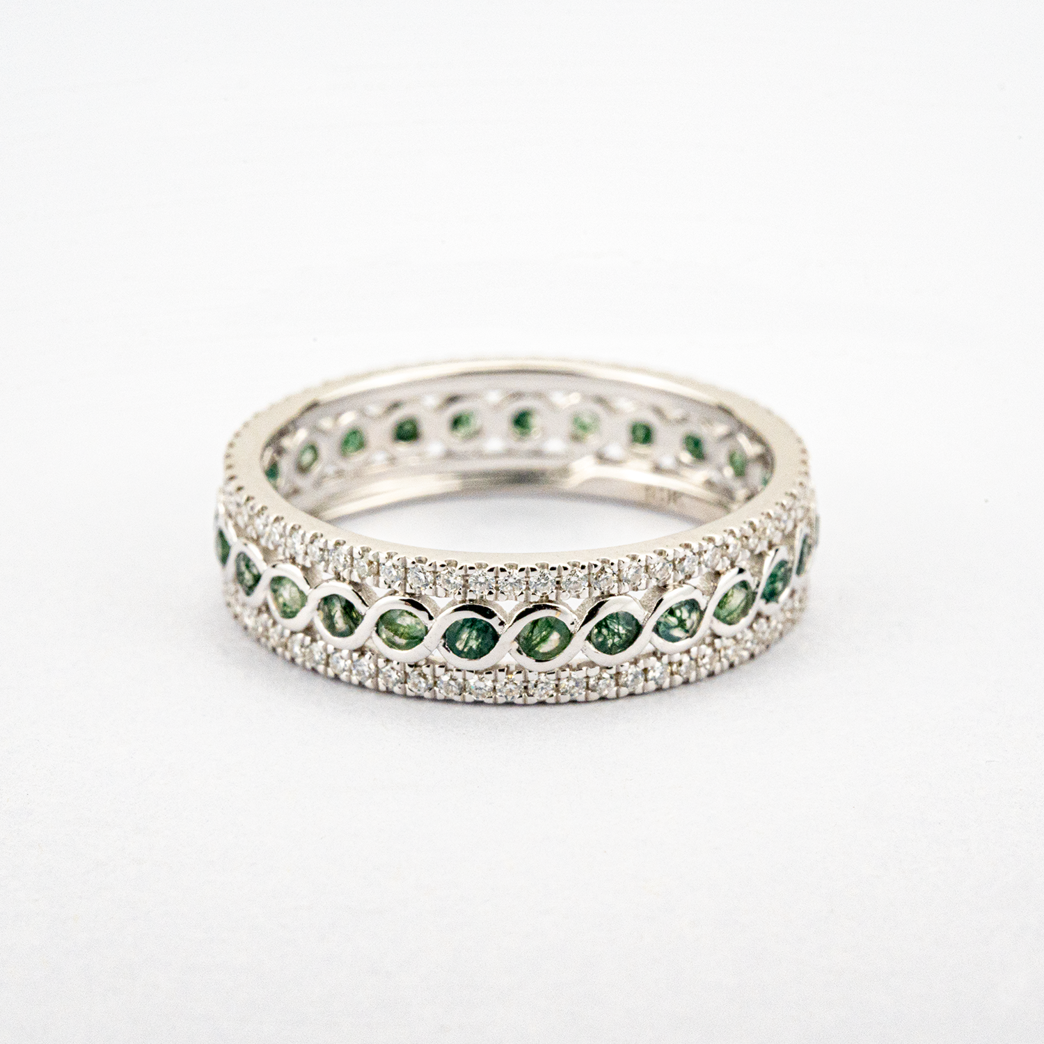 Vintage Unique Moss Agate White Gold Ring with Moissanite Moss Agate Wedding Band