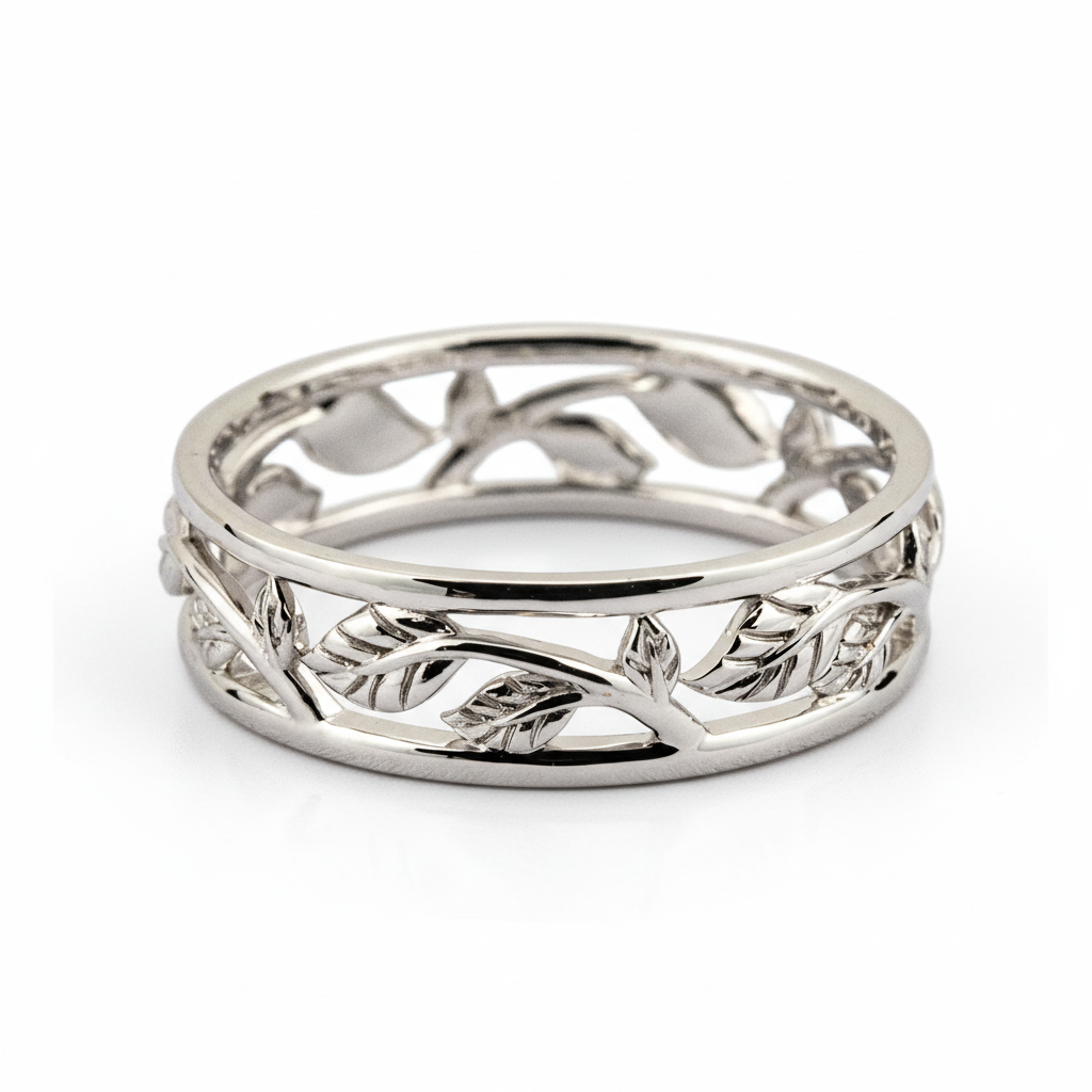 Front view of Nature-Inspired Wedding Band in White Gold