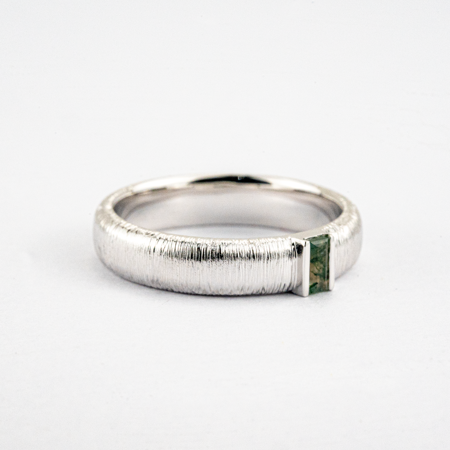 White Gold Textured Couple Ring with Moss Agate Promise Rings Unique Couple Ring