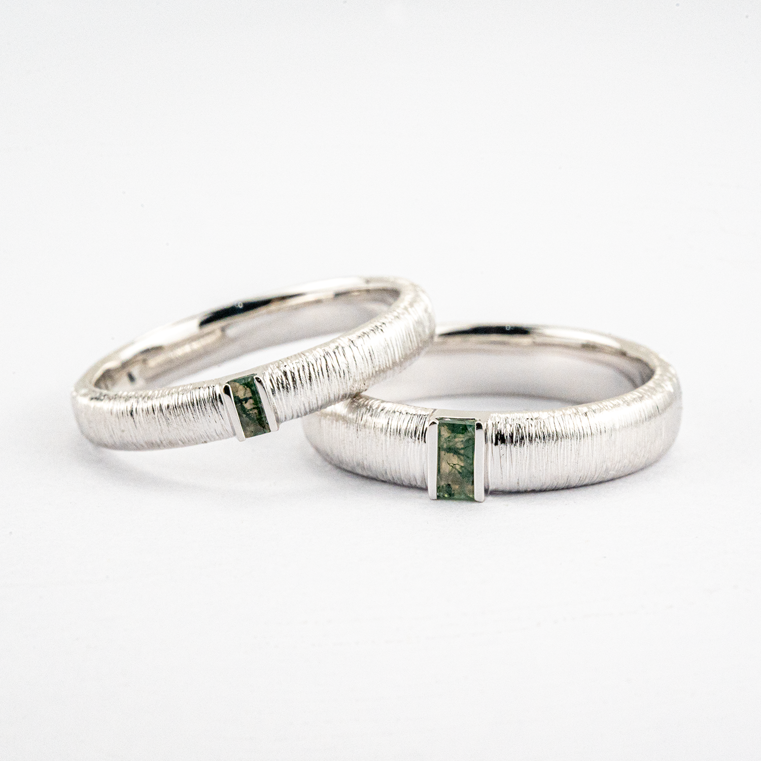 White Gold Textured Couple Ring with Moss Agate Promise Rings Unique Couple Ring