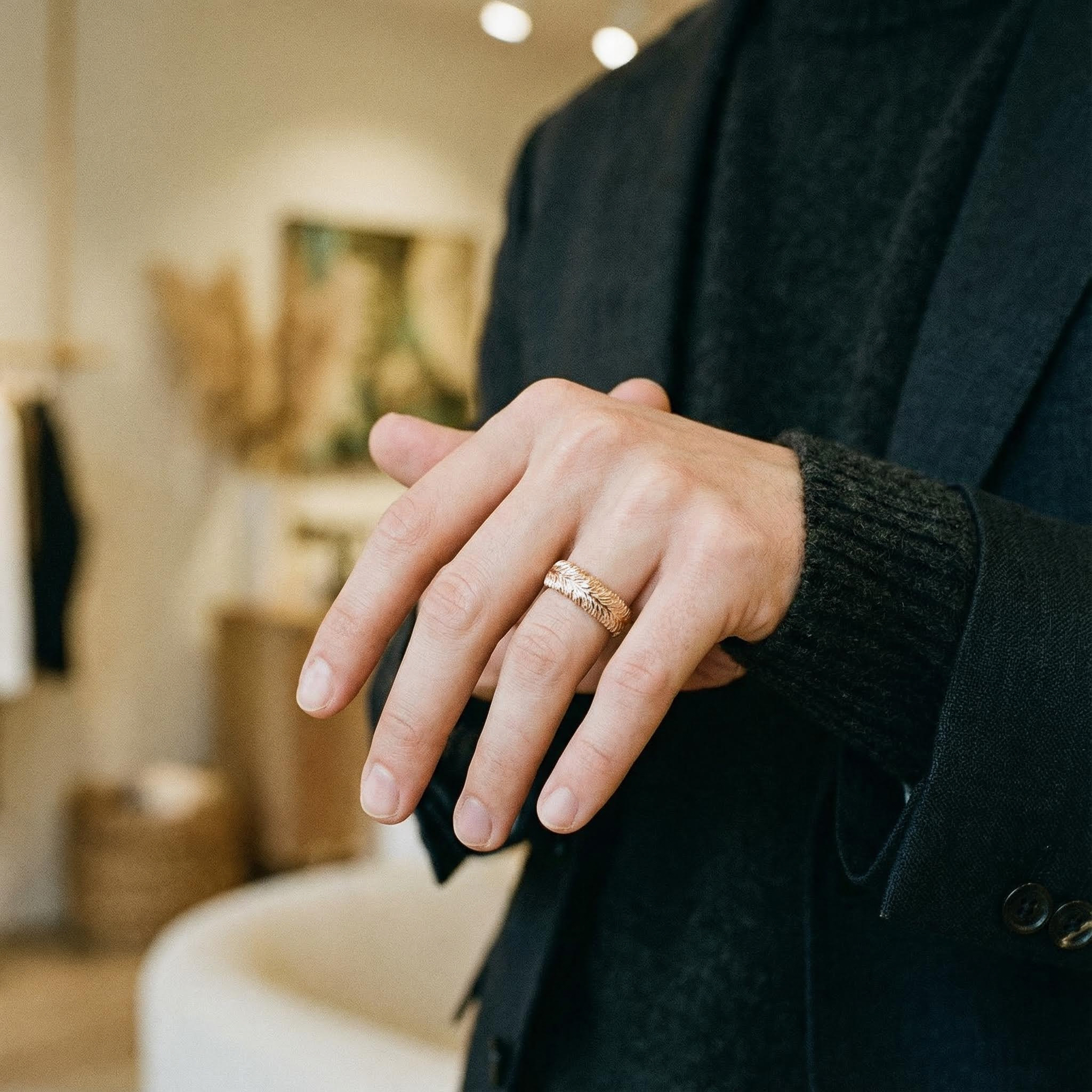 Botanical Elegance - Rose Gold Band with Unique Leaf Texture Ring Nature-Inspired Design