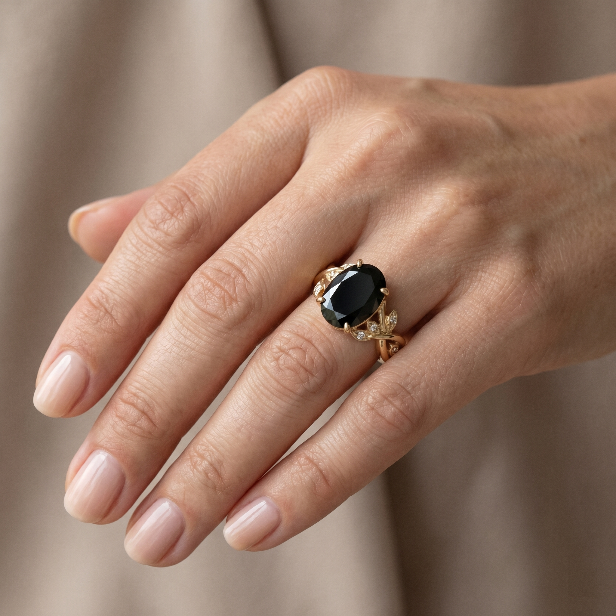 Black Onyx Leaf Vine Ring – Oval Gold Nature Inspired Ring