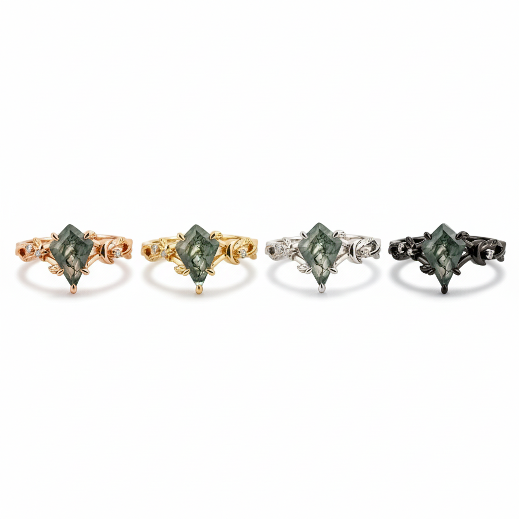 Lifestyle view of Kite Cut Moss Agate Engagement Ring in Rose Gold