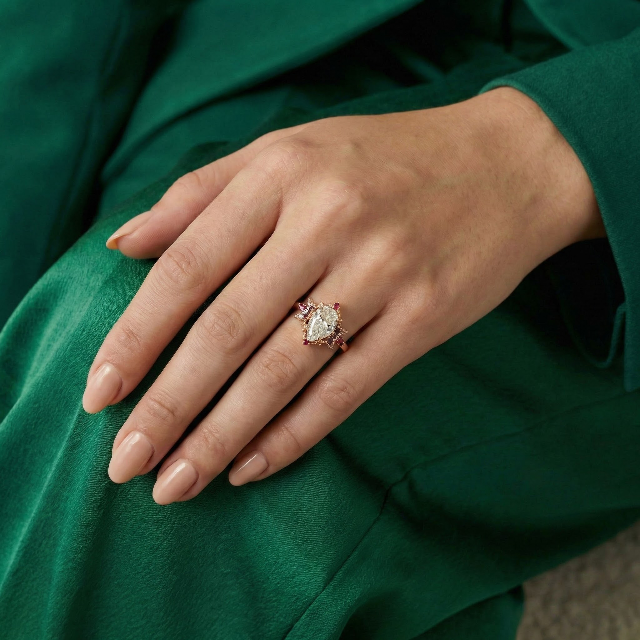 Detailed view of Pear Moissanite Engagement Ring in Gold