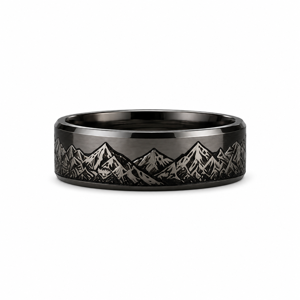 Black gold mountain engraved men’s wedding band on white background