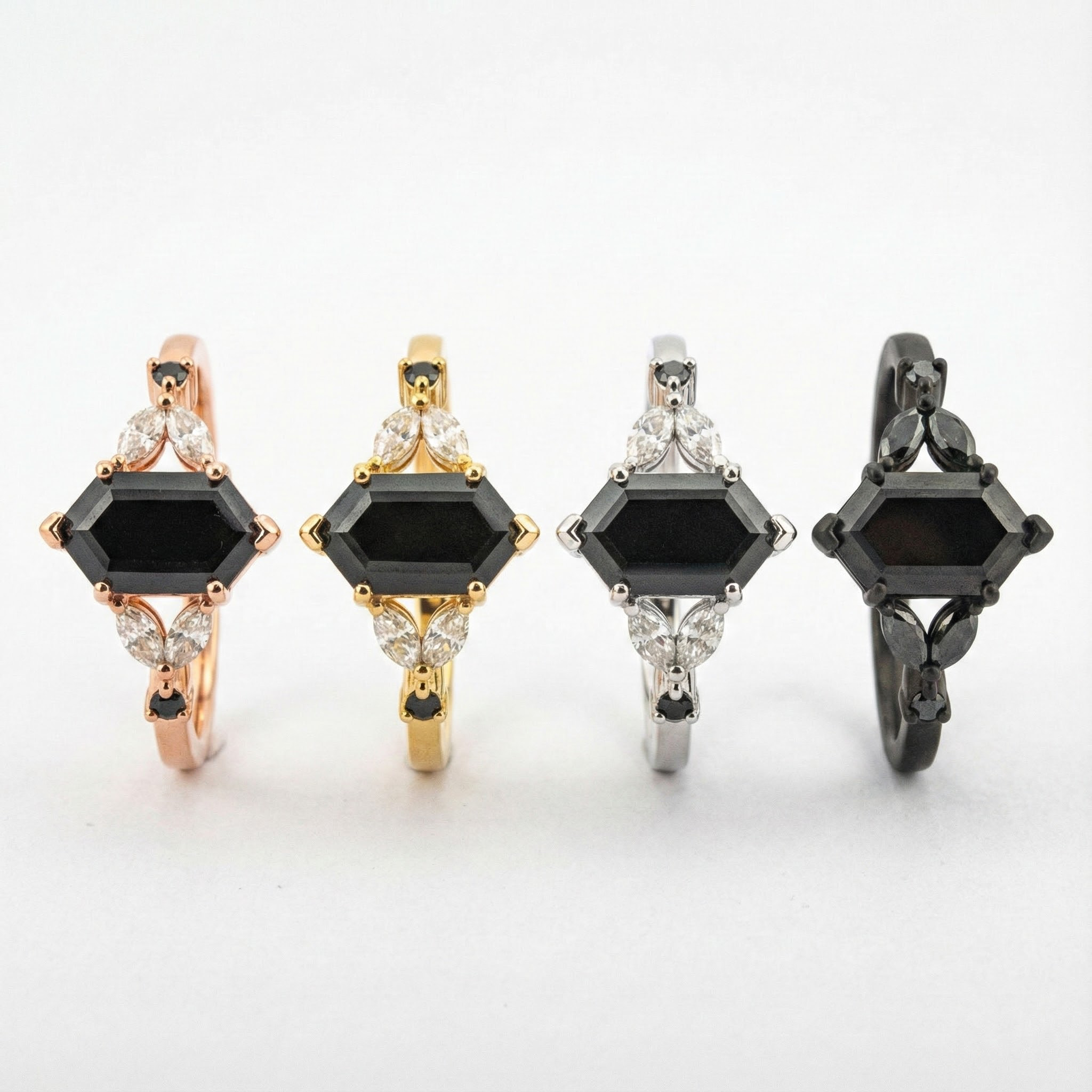 Long Hexagon Onyx Ring for Engagement with Moissanite