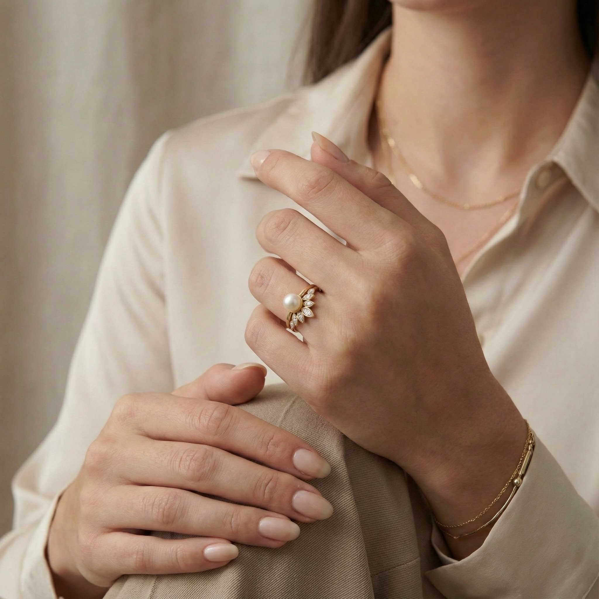 Round Pearl Engagement Ring Set Art Deco Ring Personalized Engagement Rings