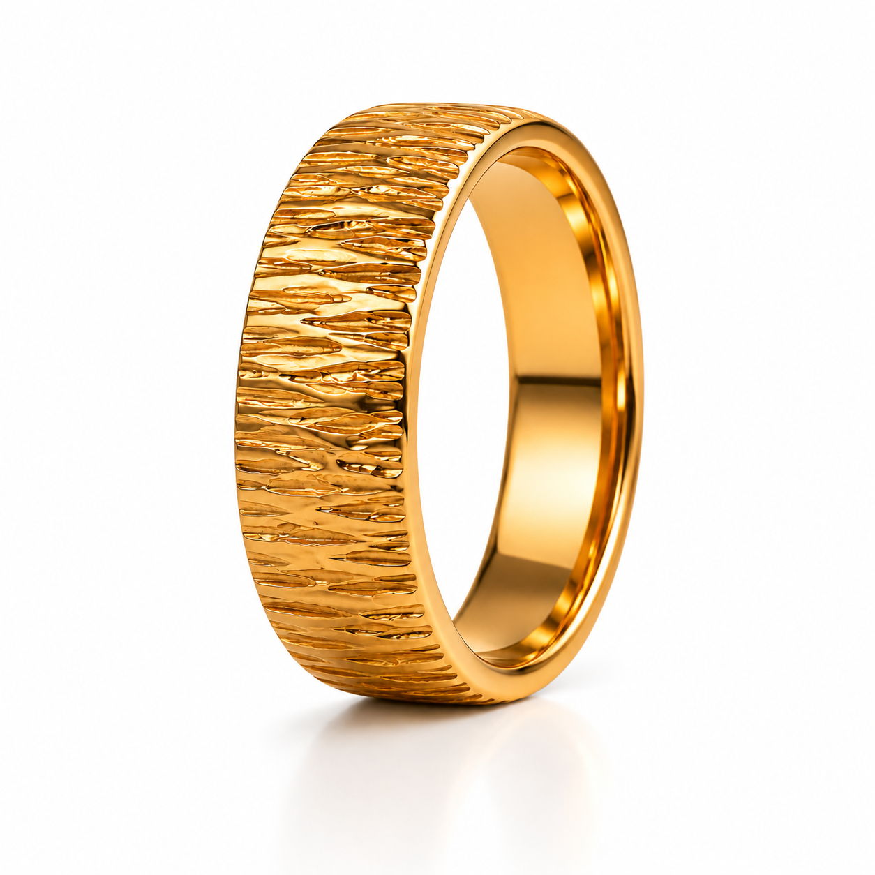 Upright 14K gold textured men’s ring with comfort fit interior