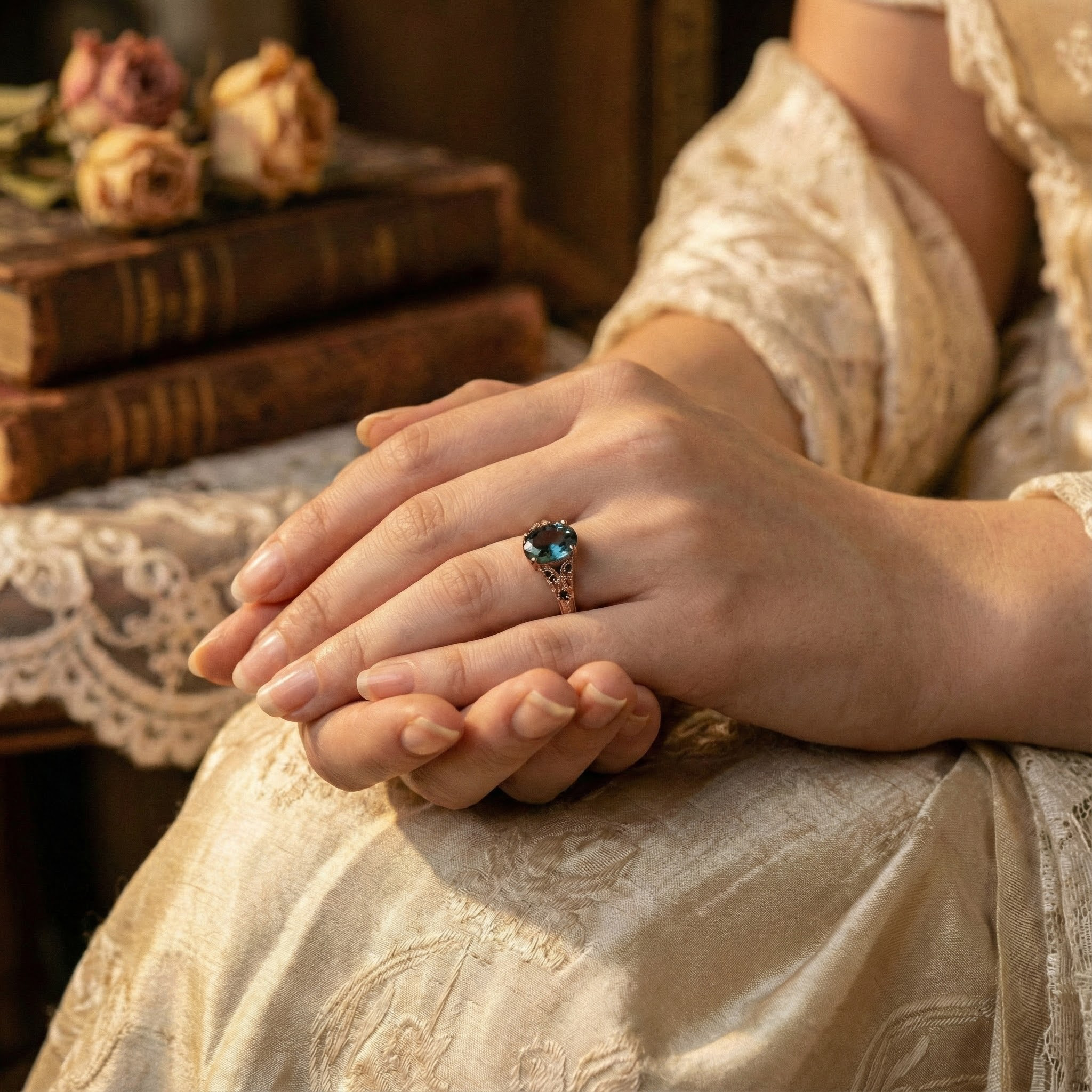Vintage Oval Alexandrite and Black Onyx Rose Gold Pattern Ring Alexandrite Engagement Ring