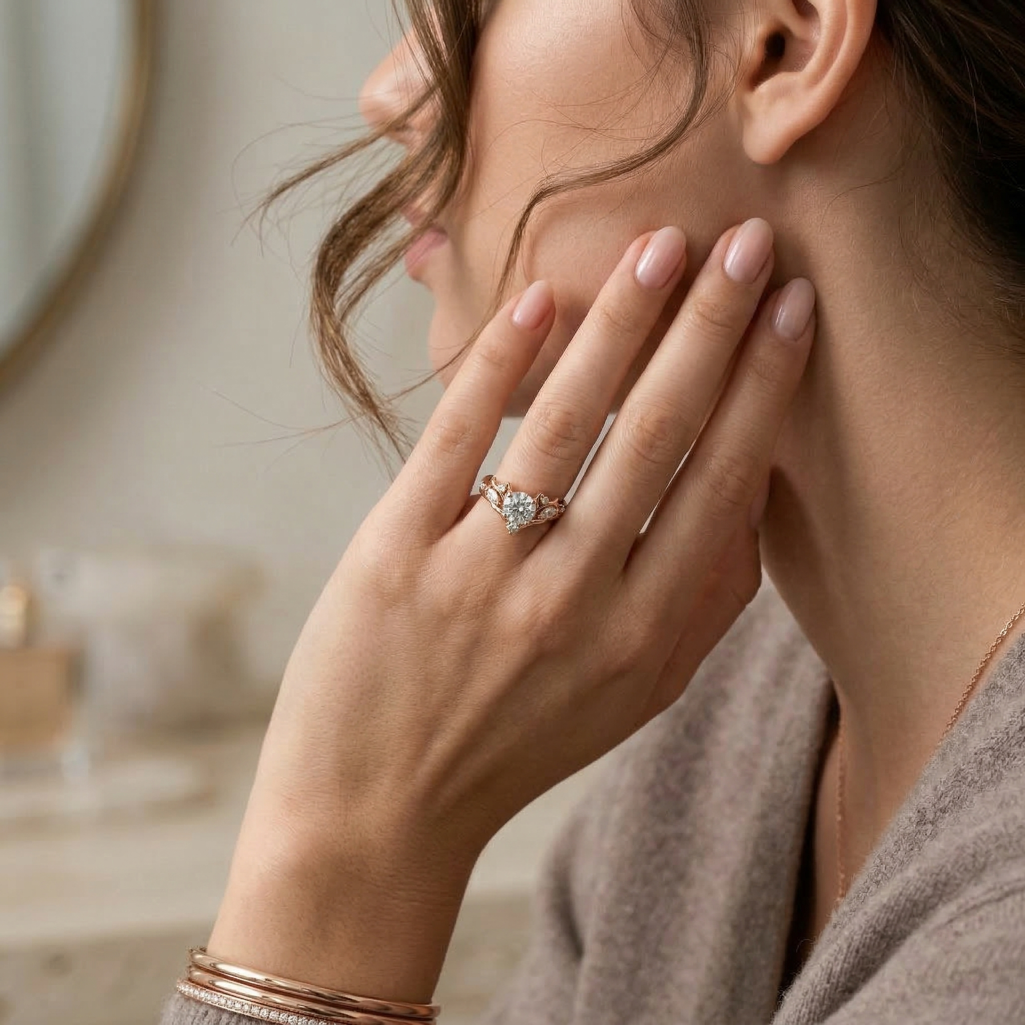 Angled view of Round Moissanite Engagement Ring in Gold