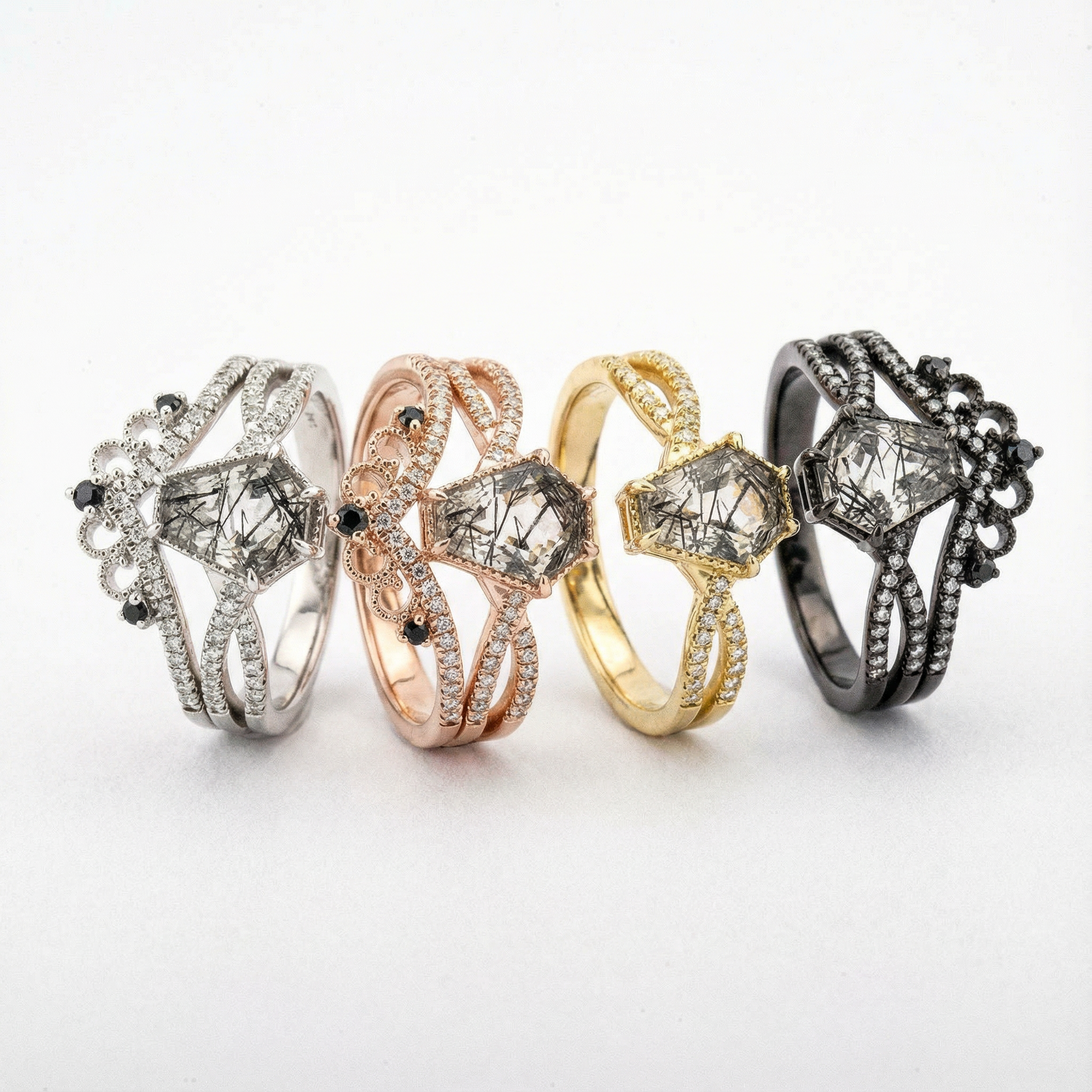 LUMINA - Black Rutilated Quartz White Gold Ring Set Luxury White Gold Ring Wedding