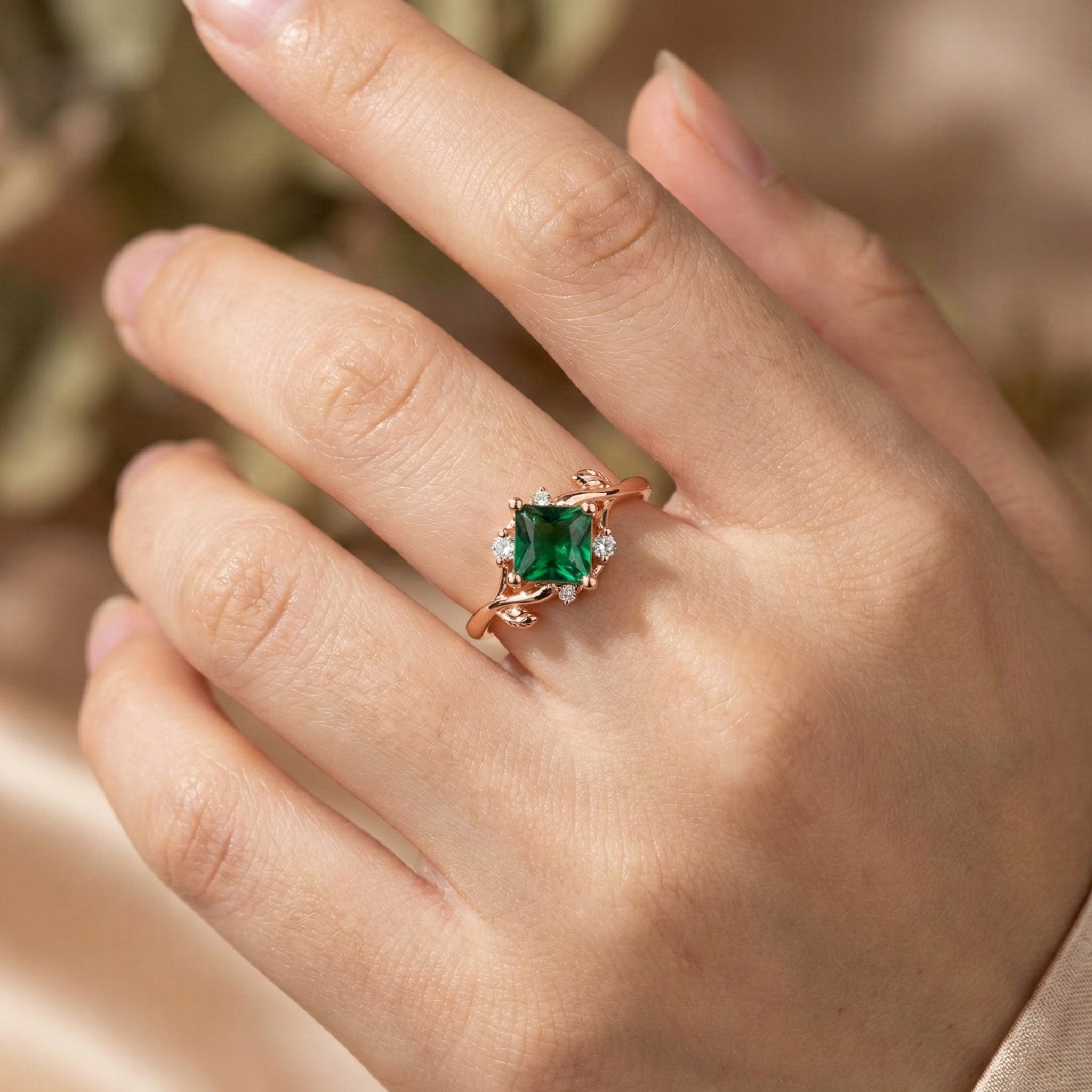 Detailed view of Princess Cut Emerald Engagement Ring in Gold