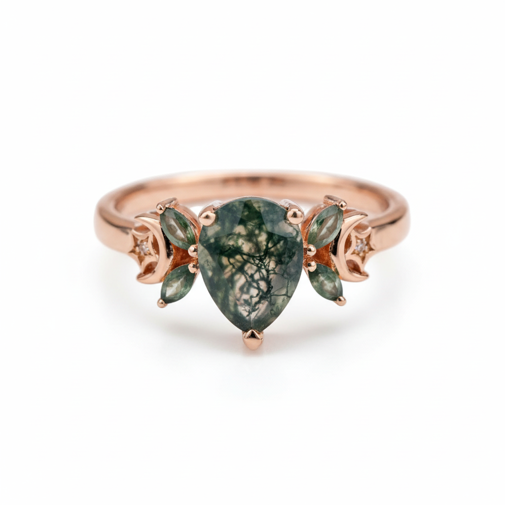 Nature Inspired Design Pear Shape Moss Agate Ring.