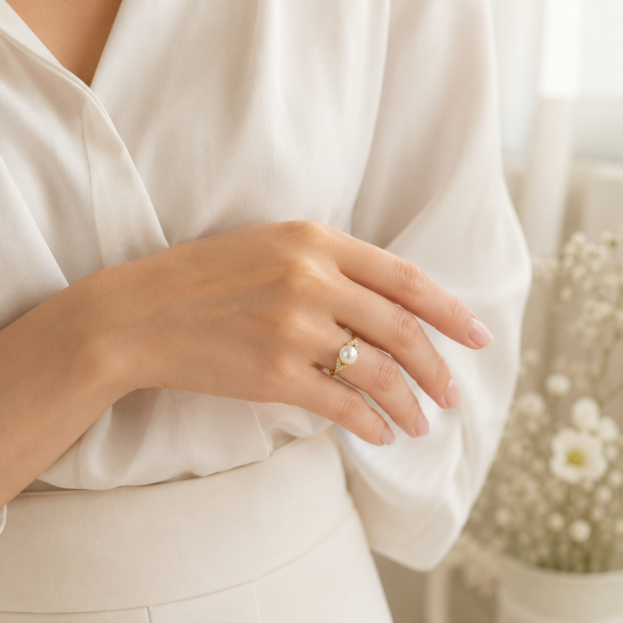 Pearl Ring in Gold with Moissanite Accent Stones