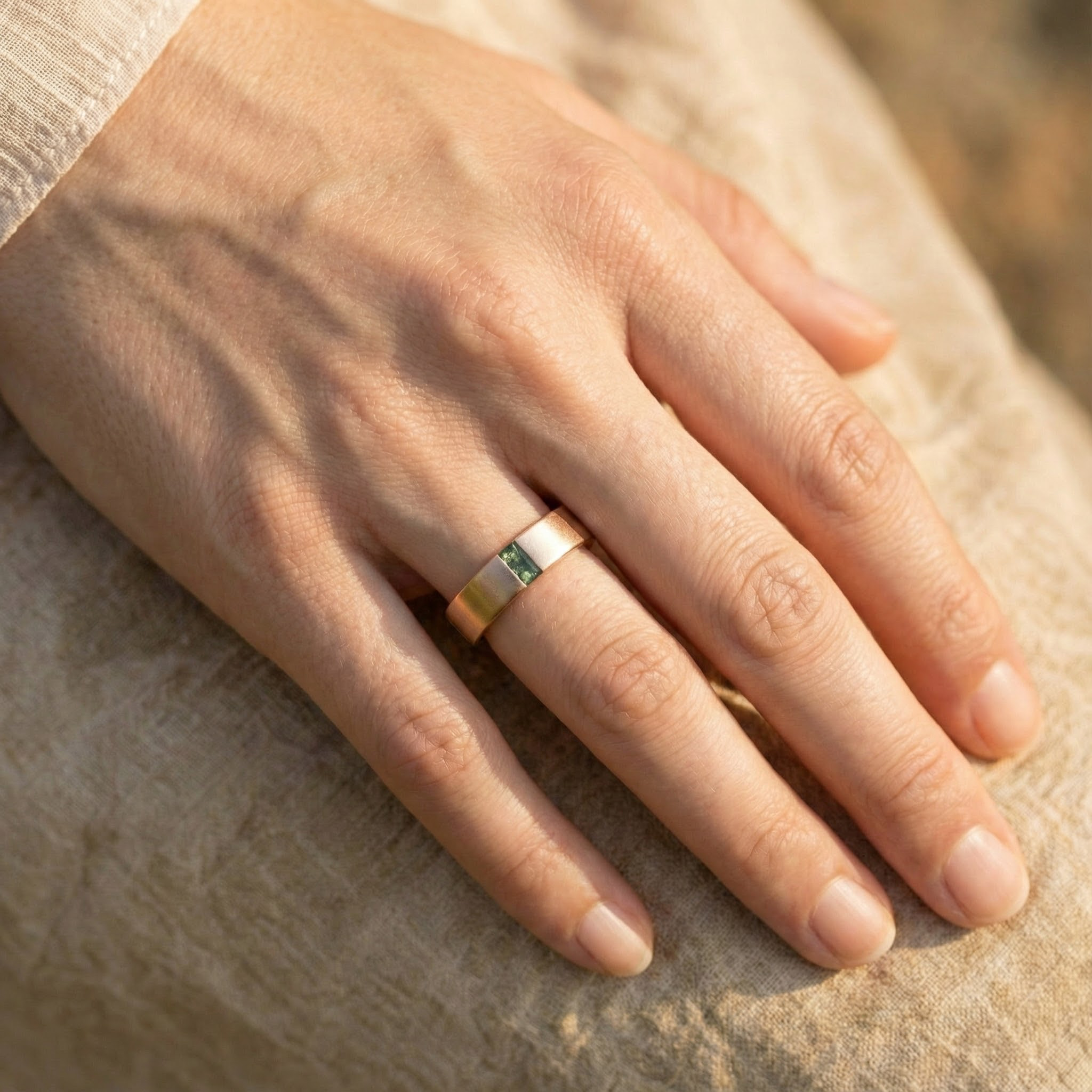 Square Moss Agate Ring Vintage Band Unique Engagement Jewelry