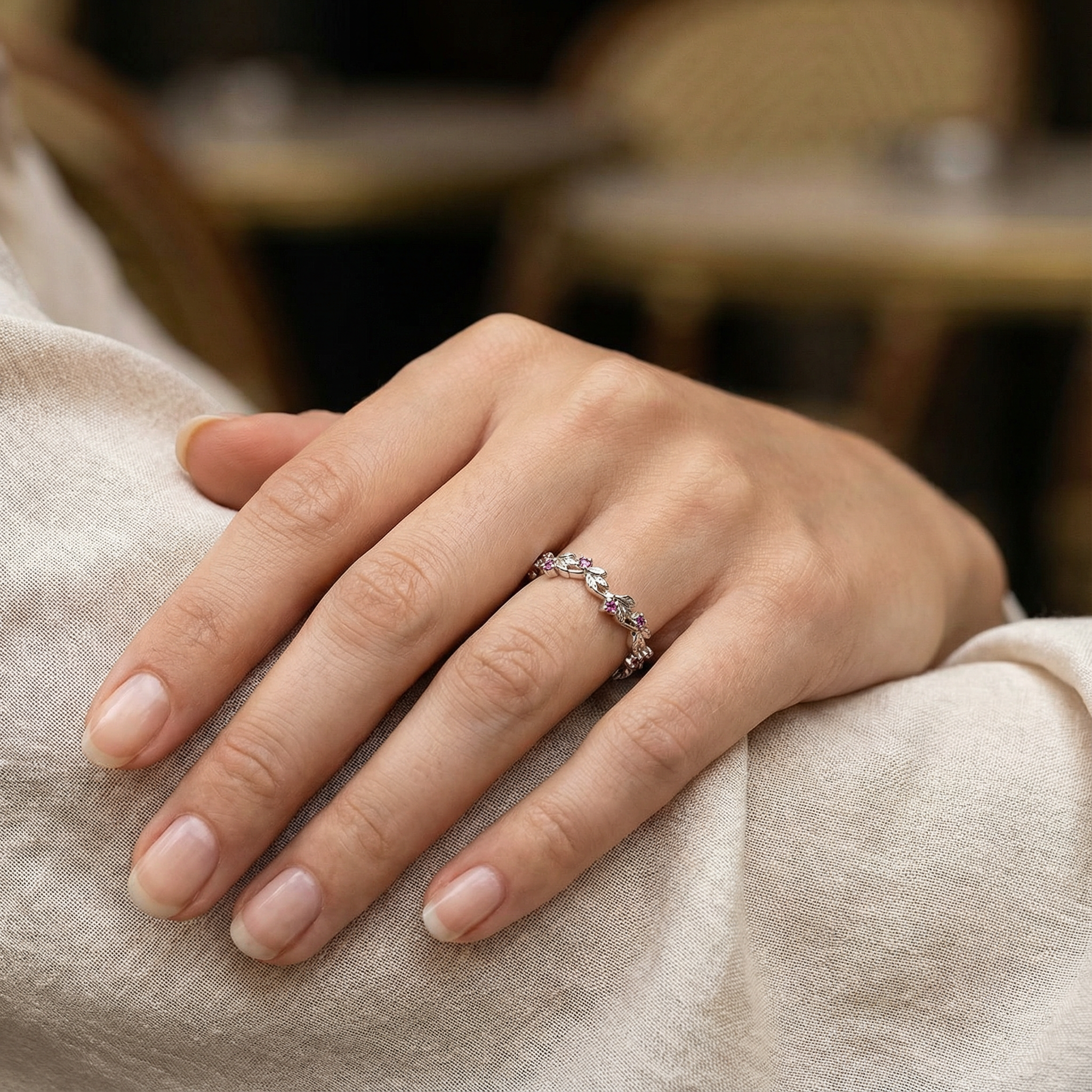 LUMINA - White Gold Leaf Ring Tourmaline Ring Nature-Inspired Design White Gold Engagement Ring