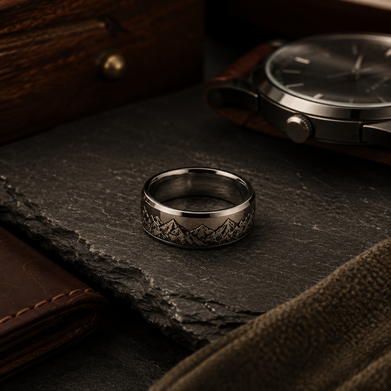Black gold mountain men’s ring styled on dark stone with outdoor-inspired details