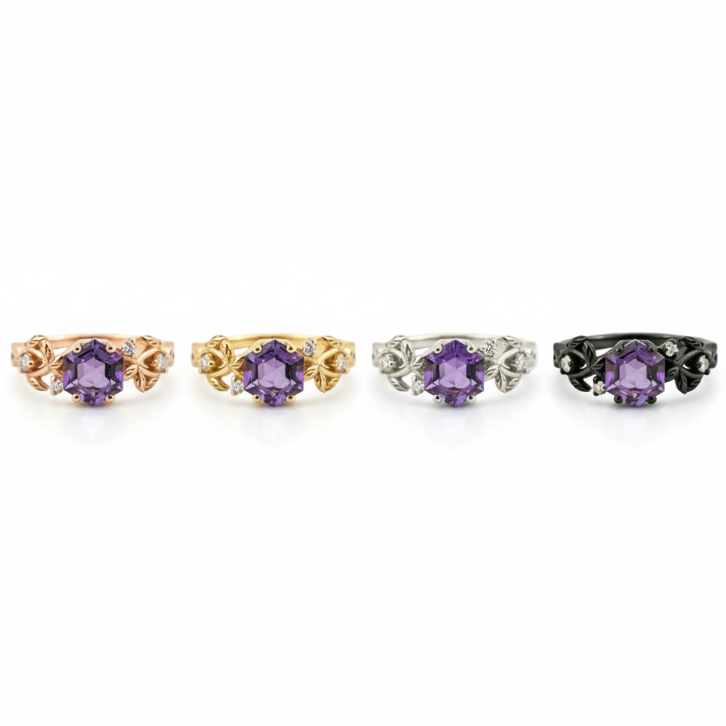 Lifestyle view of Hexagon Amethyst Engagement Ring in Gold
