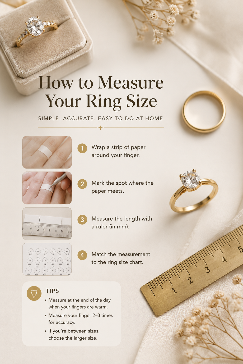 Gold ring beside a ruler and jewelry sketches for measuring ring size at home