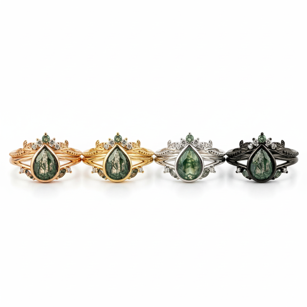 Lifestyle view of Pear Moss Agate Ring Set in Gold