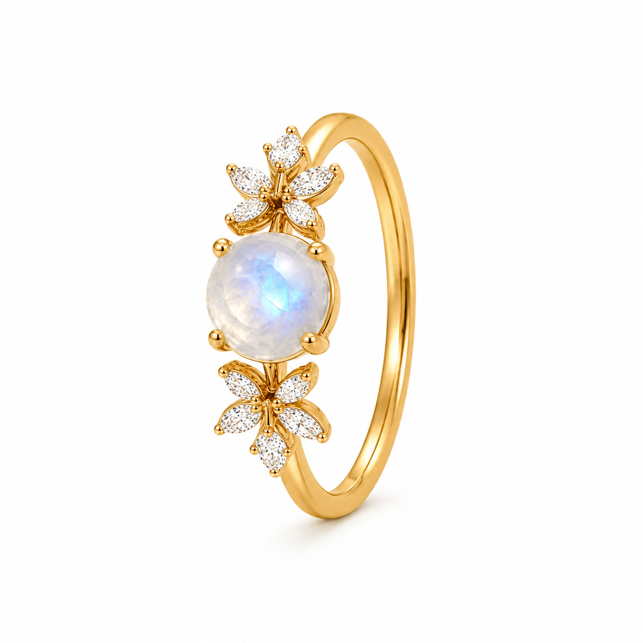 Upright moonstone floral gold ring with round center stone and moissanite flower details