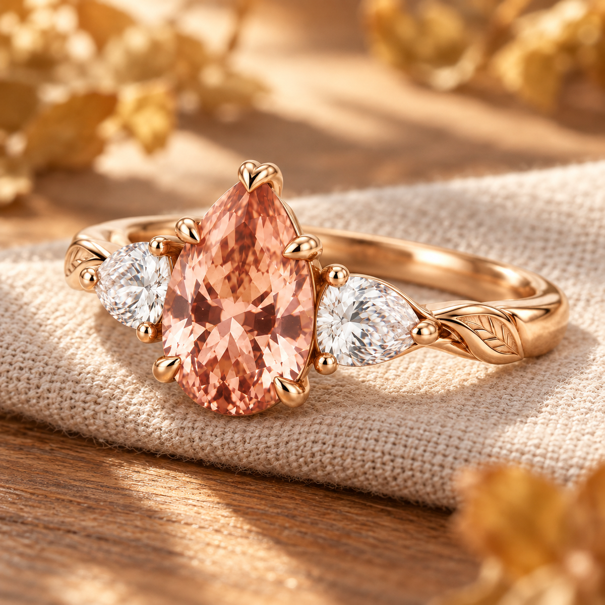 6x8mm pear morganite engagement ring in rose gold with moissanite side stones