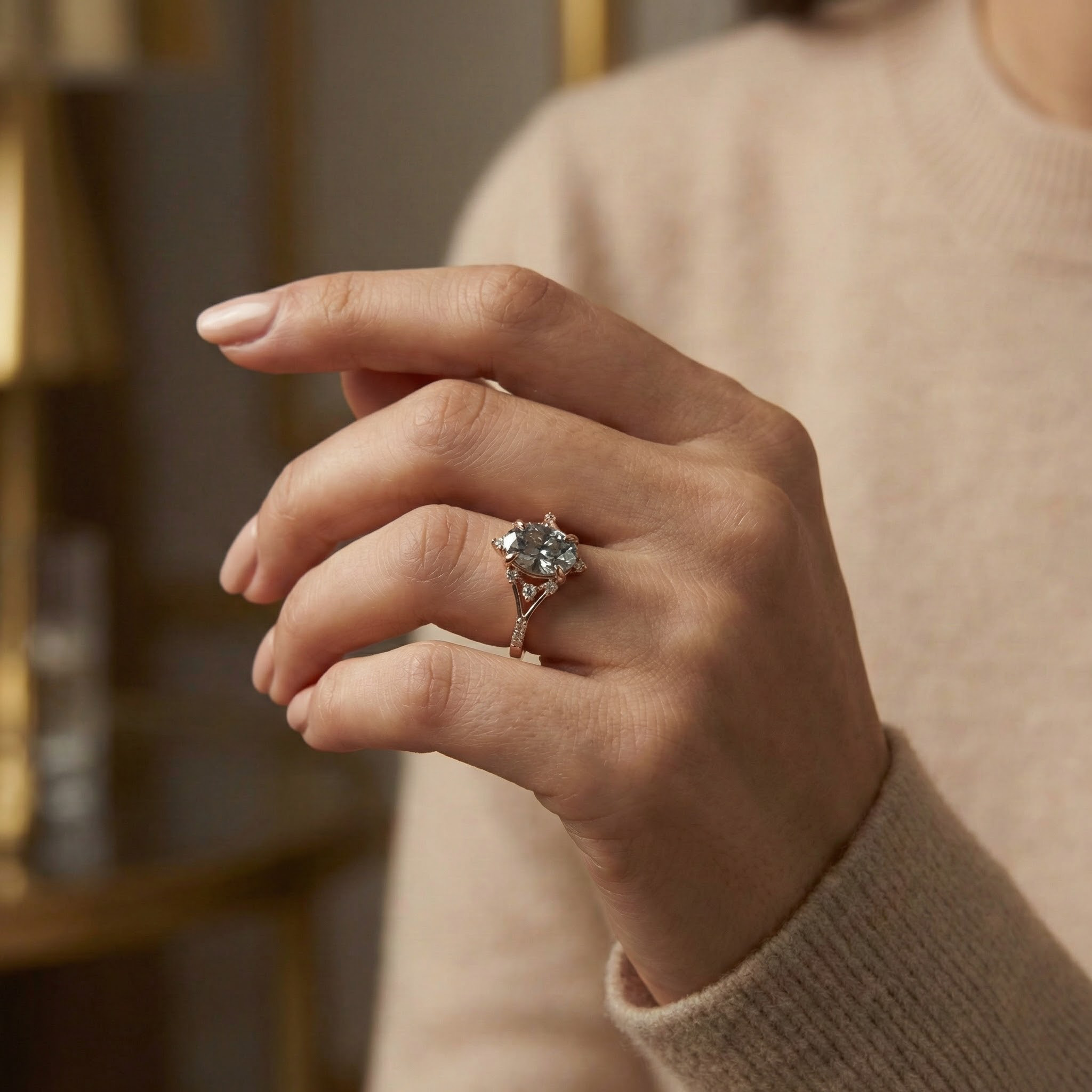Detailed view of Oval Moissanite Engagement Ring in Gold