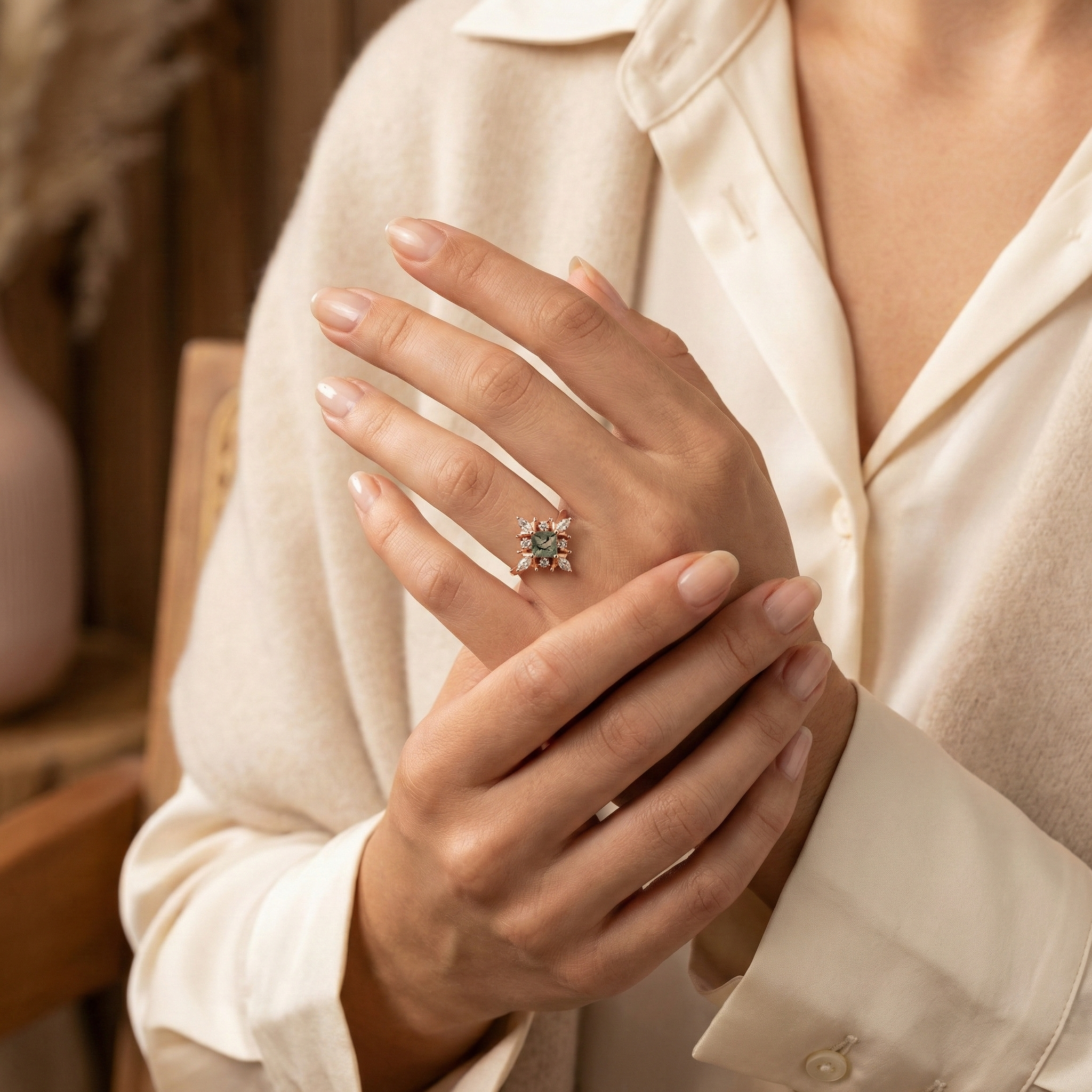 Princess Moss Agate Gold Engagement Ring With Moissanite.