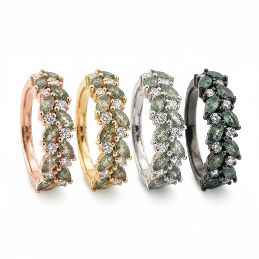 Lifestyle view of Moss Agate Wedding Band in Gold