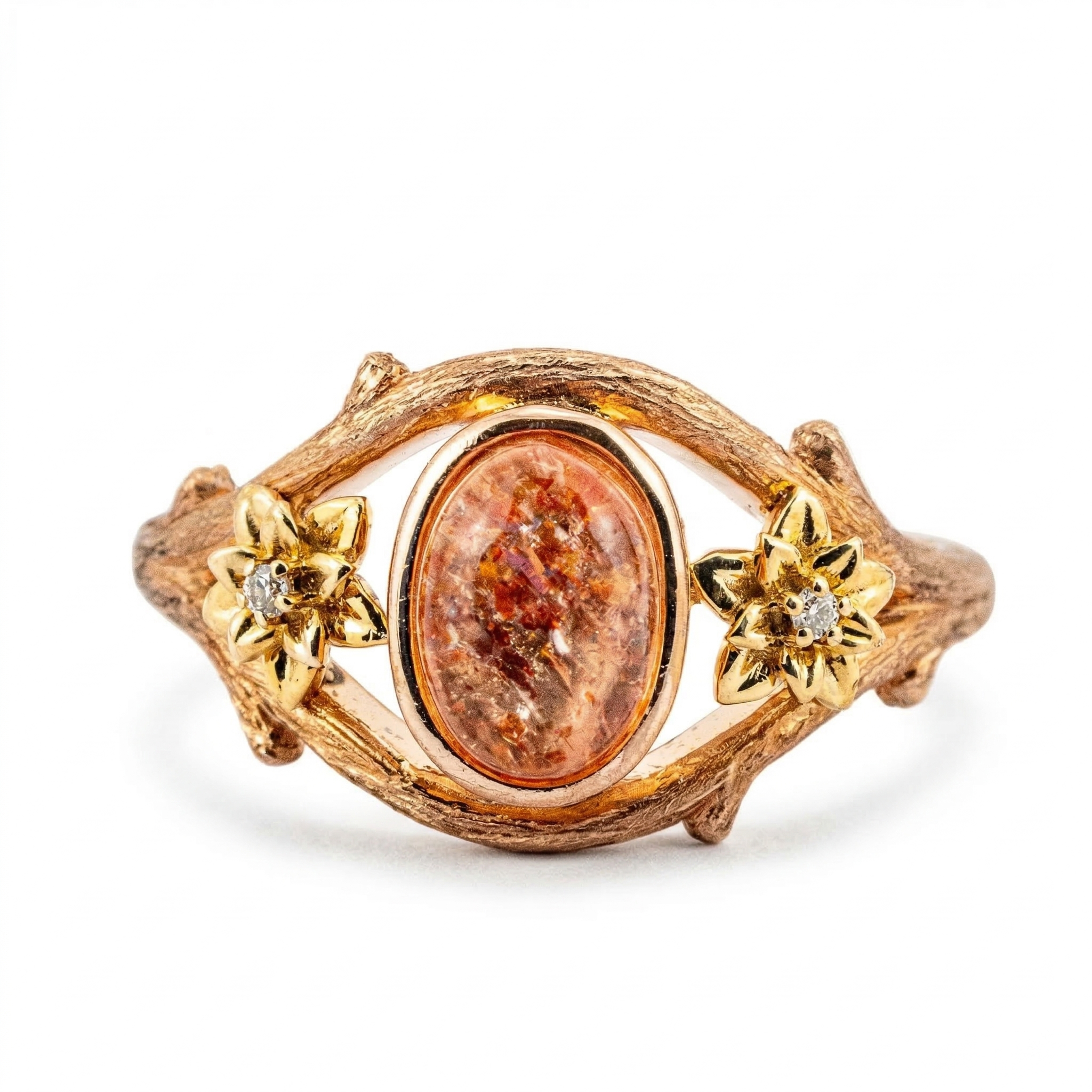 Handmade Sunstone Texture Gold Leaf Ring Engagement/Wedding.