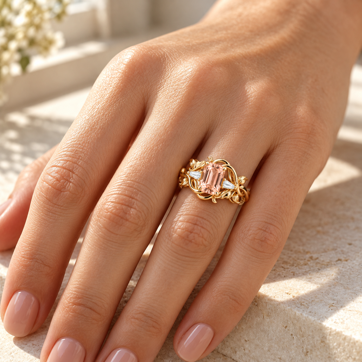 Peach-pink emerald-cut Padparadscha sapphire ring with tapered side accents