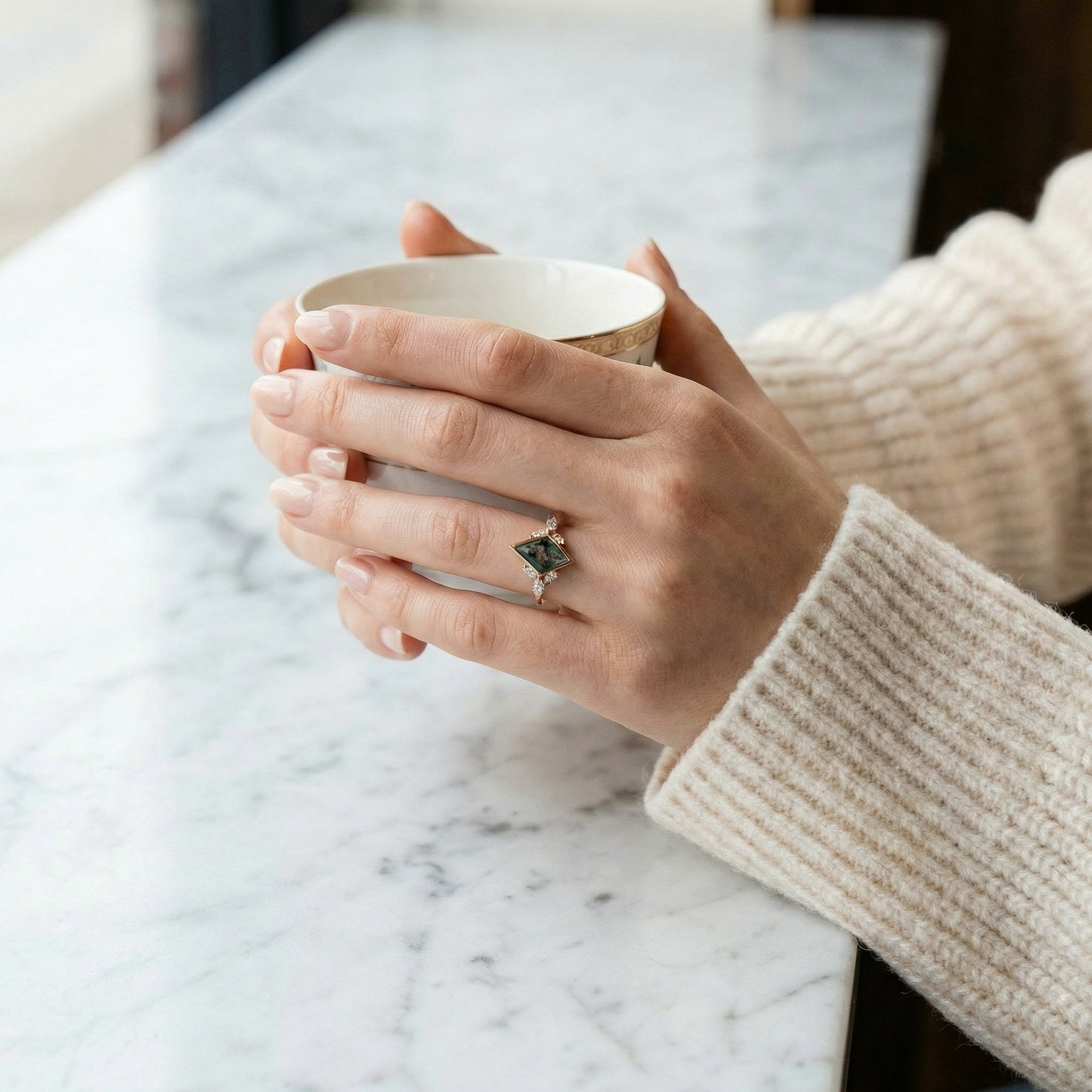 Detailed view of Kite Cut Moss Agate Ring in Gold