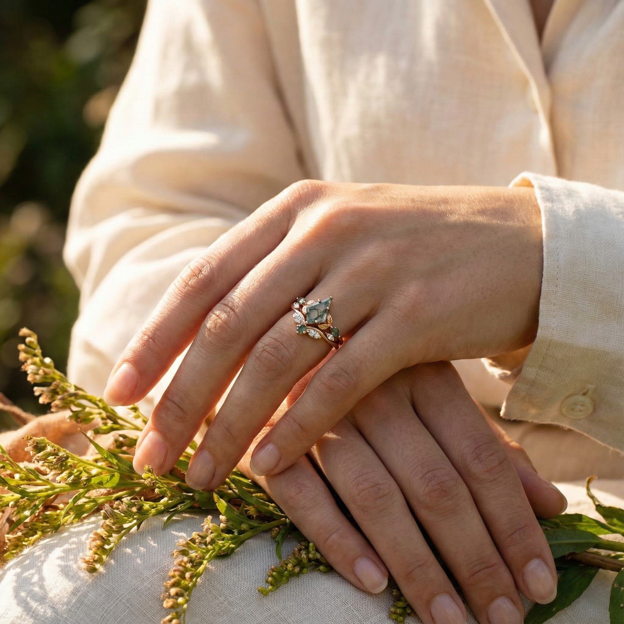 Leaf Ring Set with Nature Inspired Design, Kite Moss Agate Gemstone, Moissanite Accent - SEO optimized jewelry