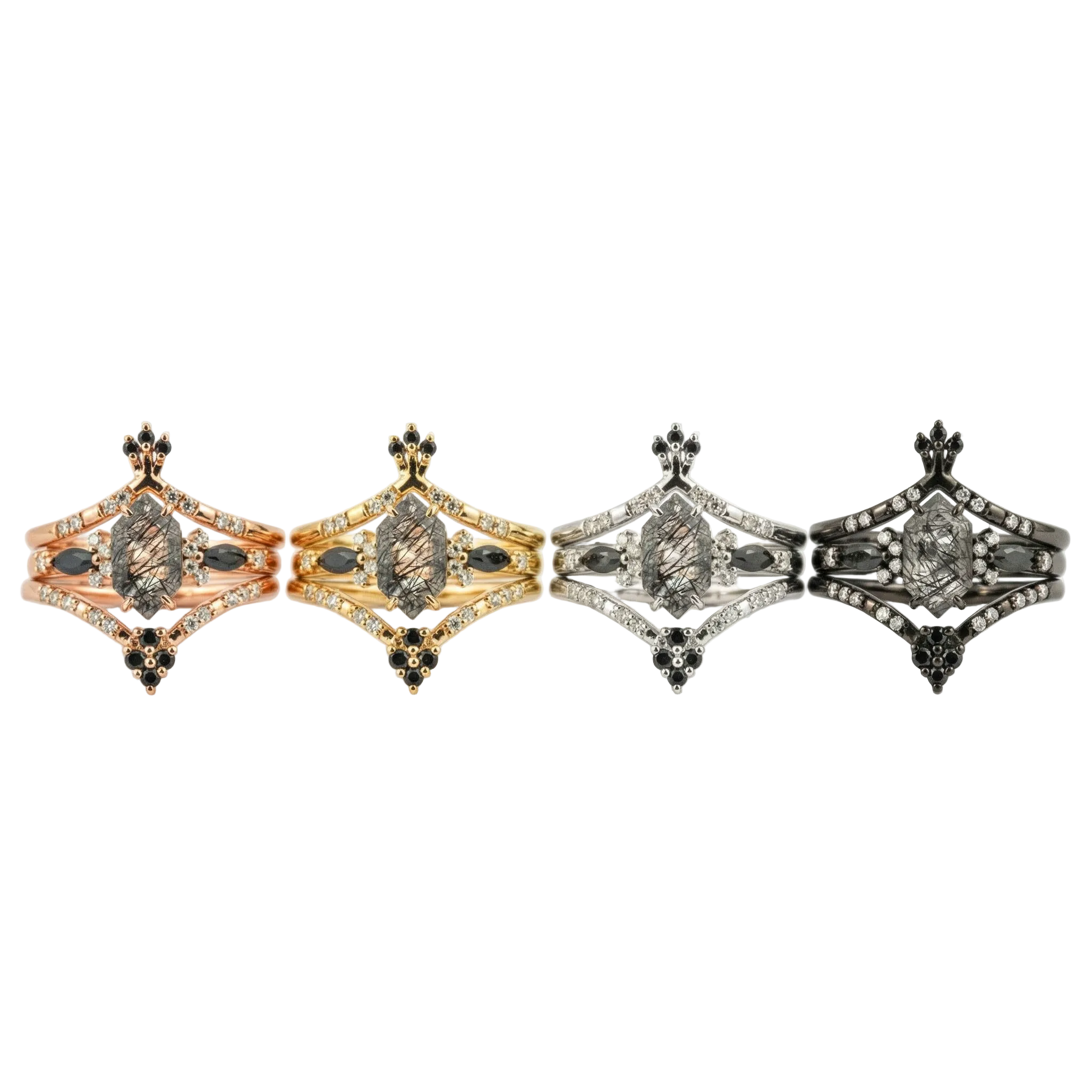 Lifestyle view of Long Hexagon Black Rutilated Quartz Ring Set in Gold