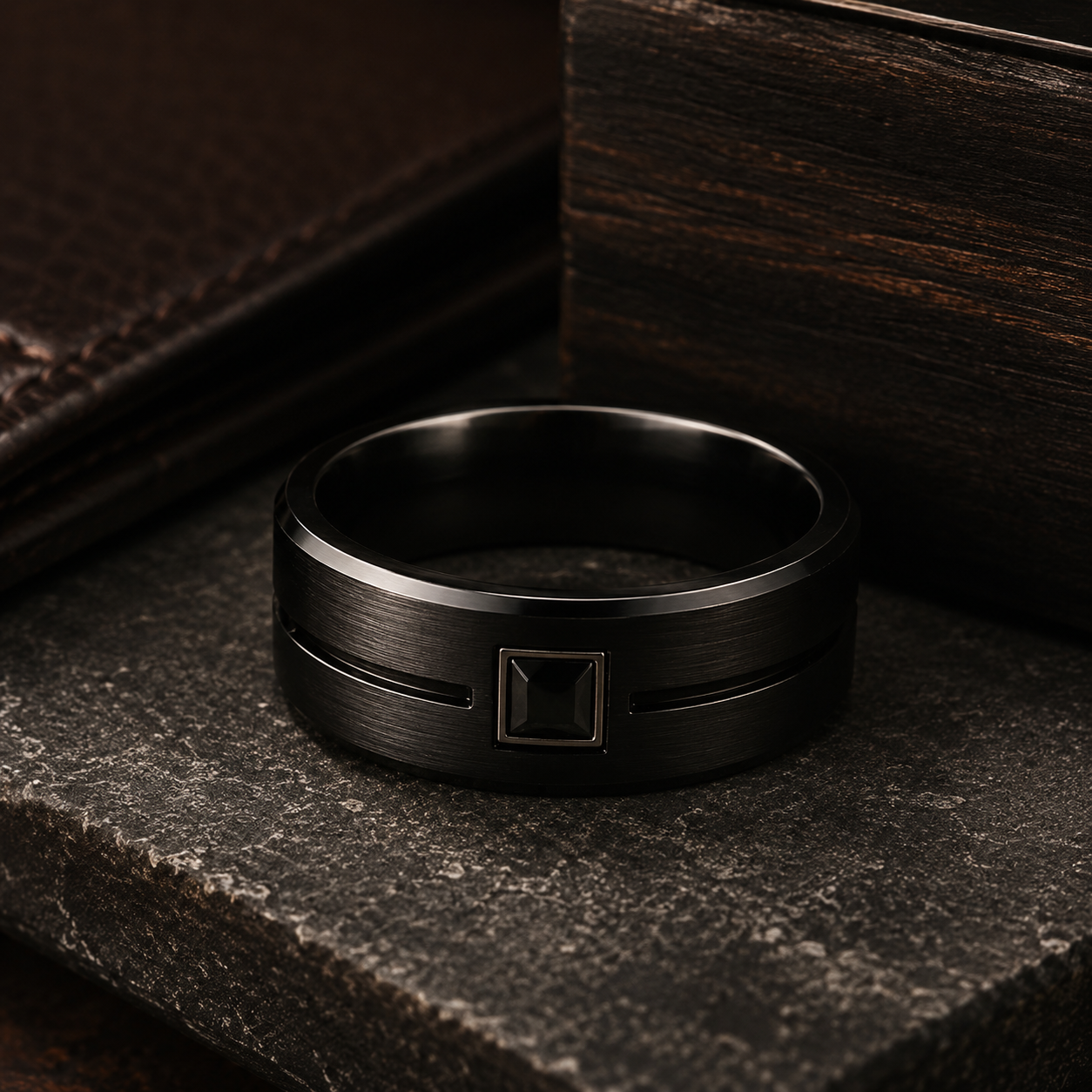 Black onyx men’s black gold ring styled on dark stone background