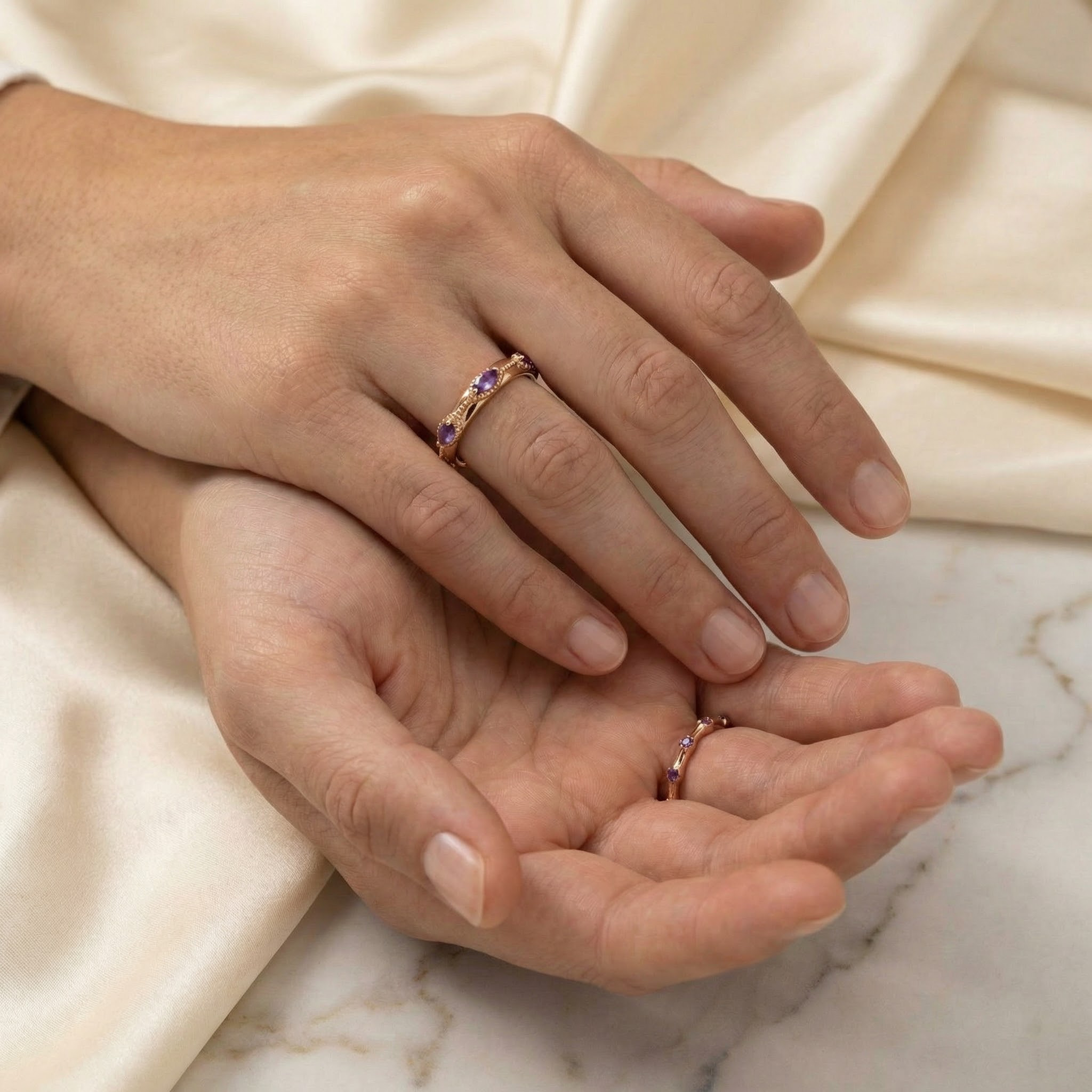 Detailed view of Amethyst Couple Ring Set in Gold