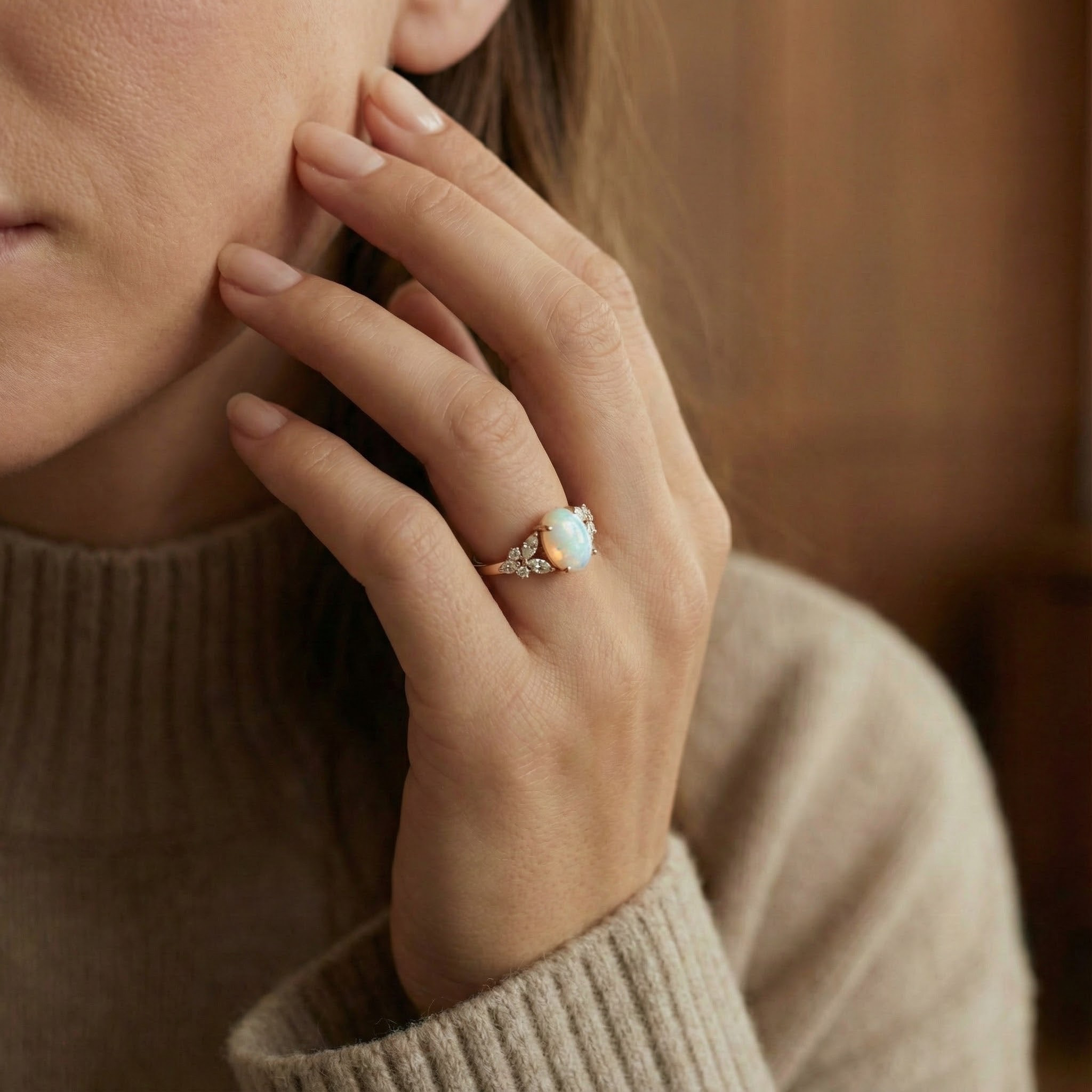 Natural Oval Opal and Moissanite Bridal Engagement Ring Art Deco Ring