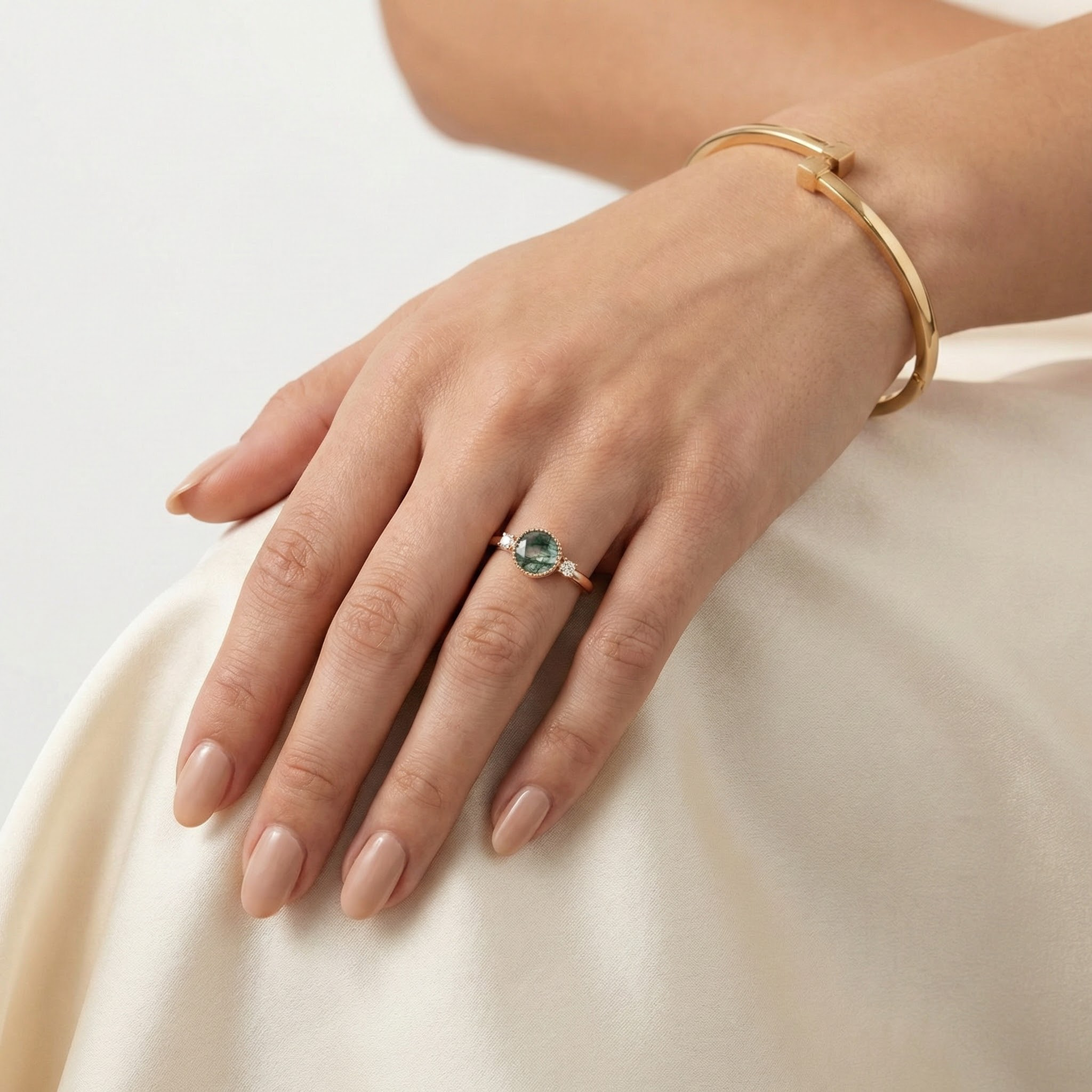 Detailed view of Round Moss Agate Engagement Ring in Gold