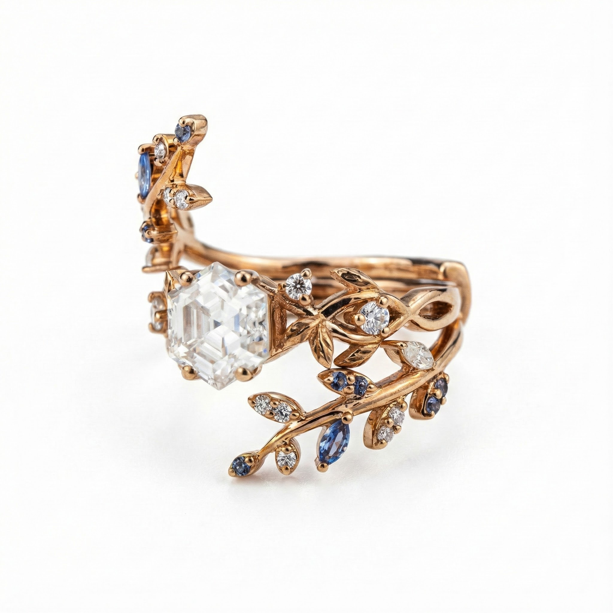 Hexagon Moissanite Engagement Ring Set With Sapphire