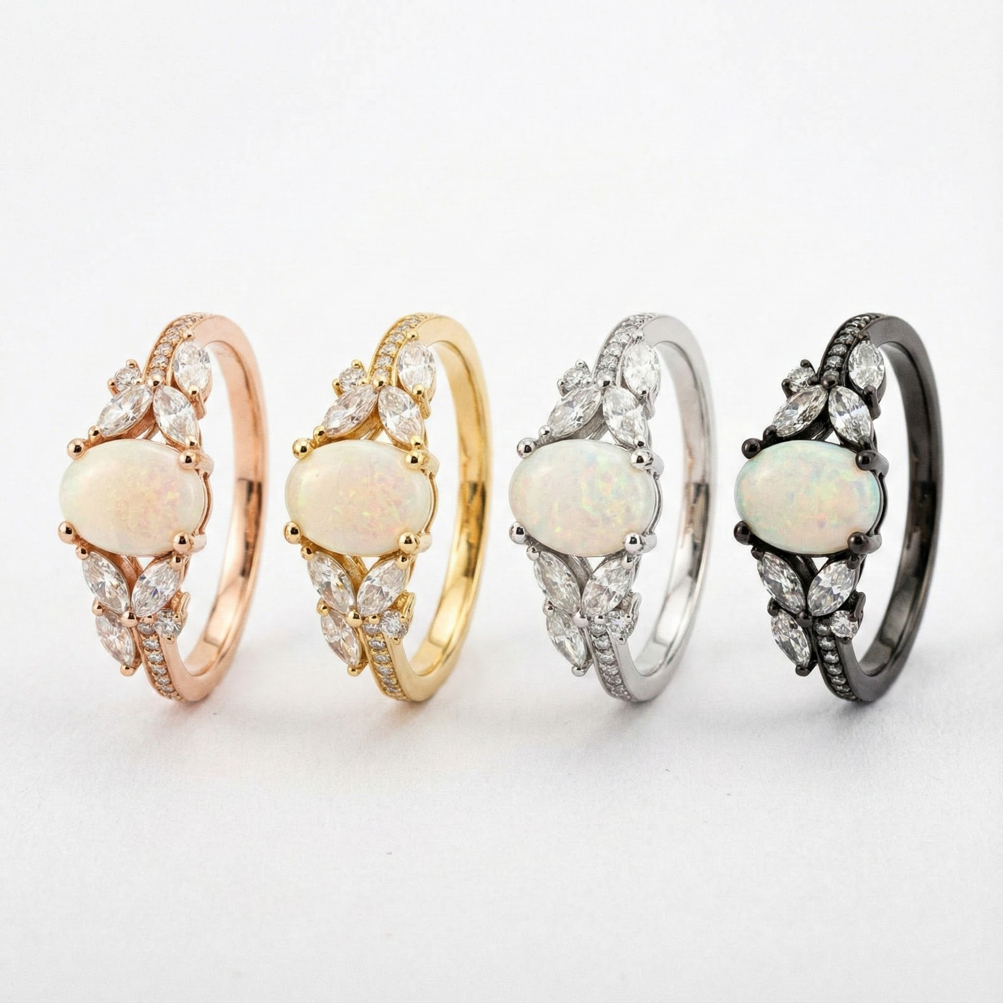 Natural Oval Opal and Moissanite Bridal Engagement Ring Art Deco Ring