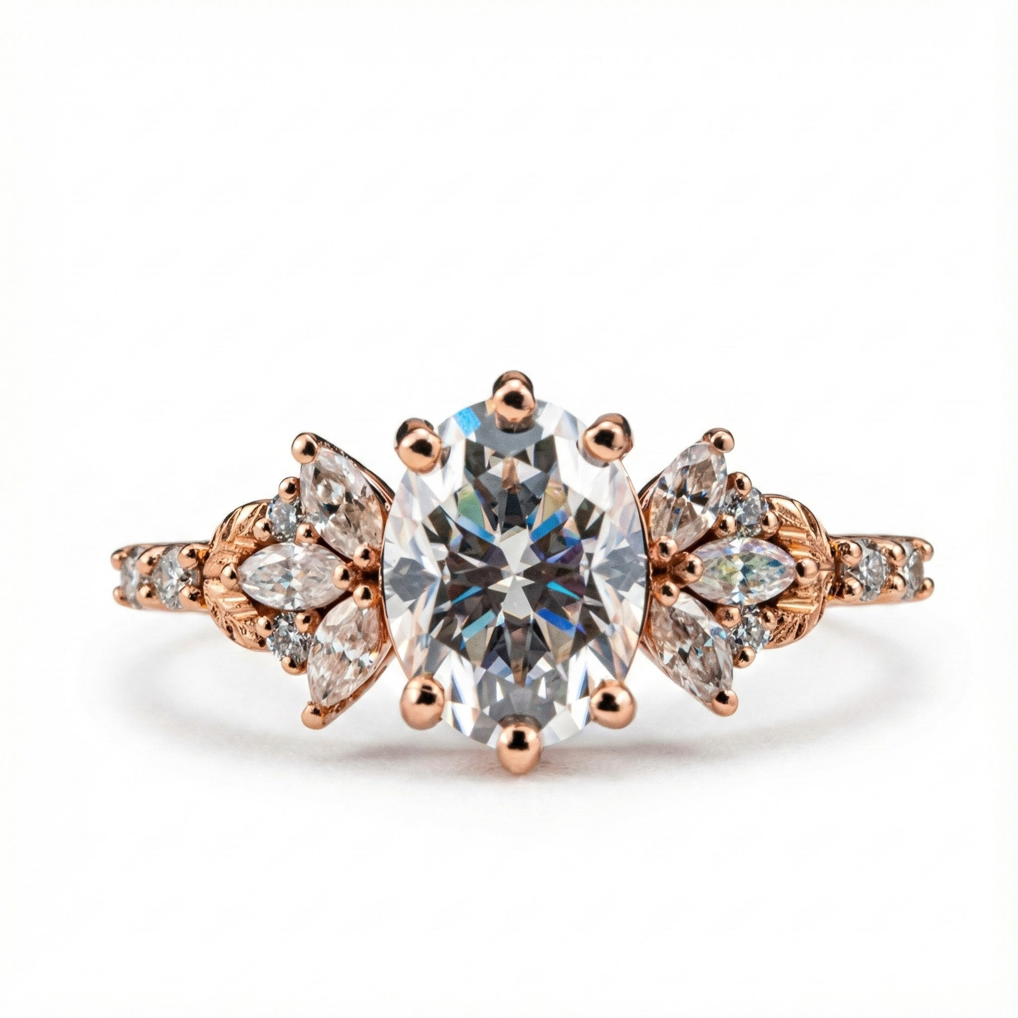 Elegant handmade oval moissanite ring featuring a delicate leaf motif, perfect for adding a touch of nature to your look.