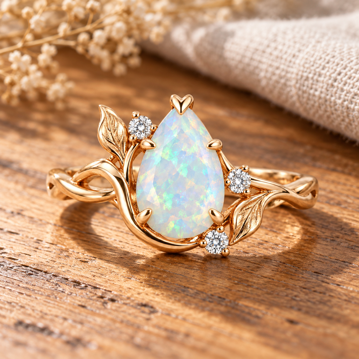 Nature-inspired opal ring with sculpted leaves and flowing gold vine details