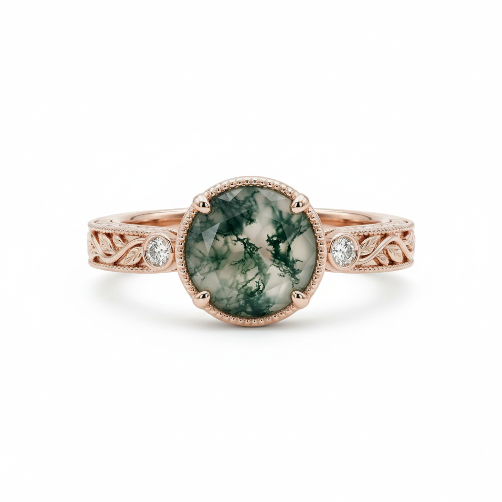 Front view of Oval Moss Agate Engagement Ring in Rose Gold