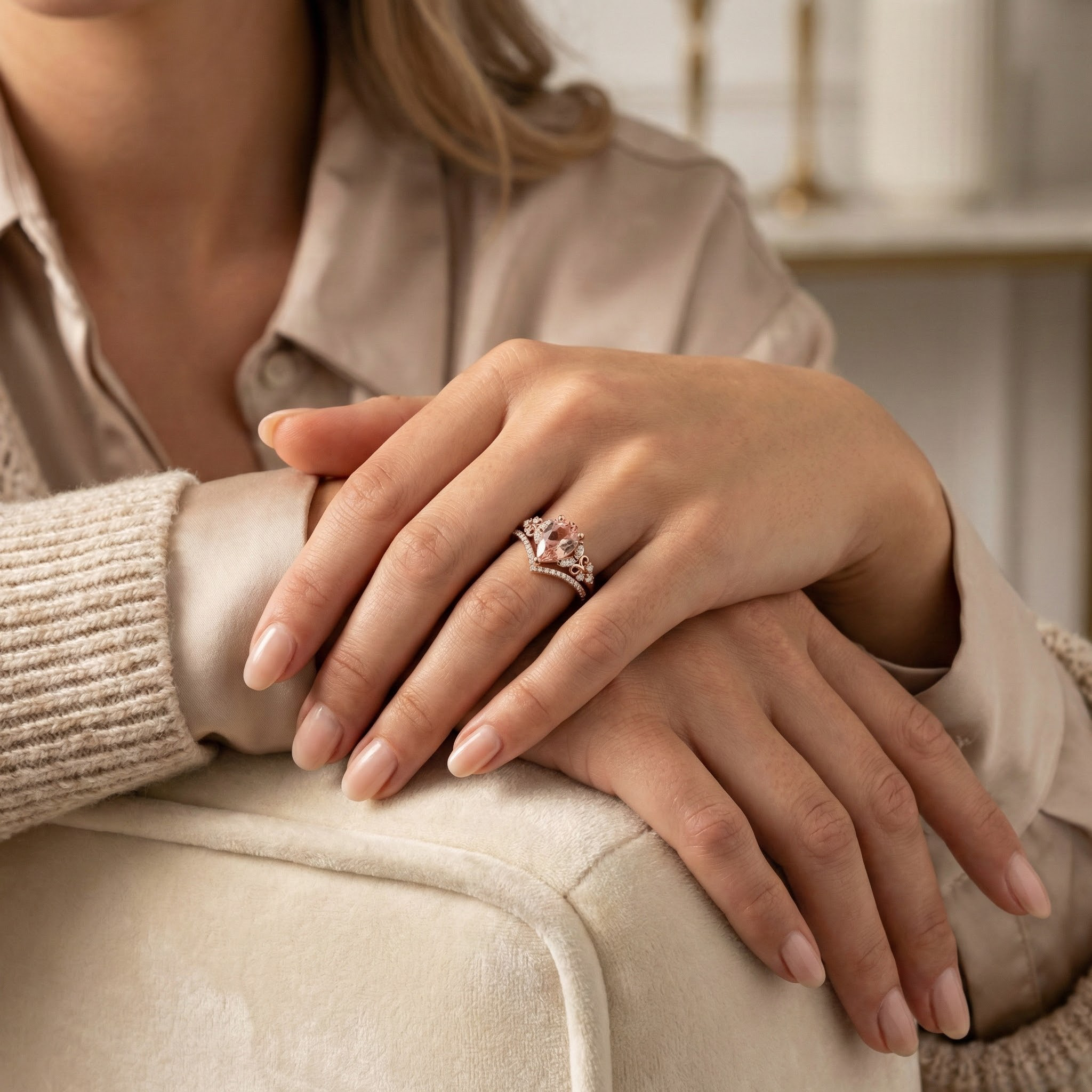 Detailed view of Pear Rose Quartz Ring Set in Gold